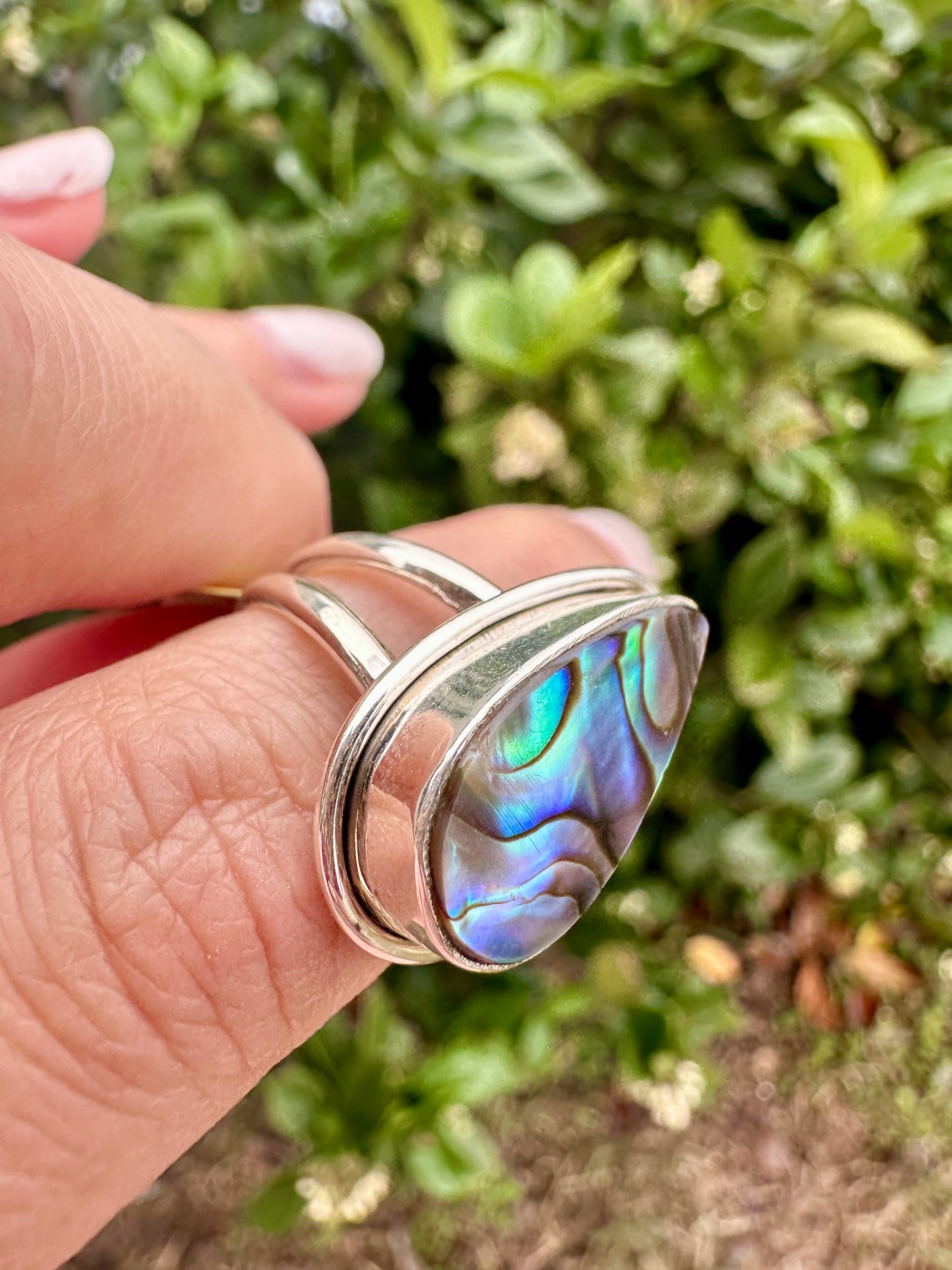 Paua Shell Sterling Silver Ring, Iridescent Abalone Ring for Women, Boho Shell Jewelry Size 6.25, Nature-Inspired Gift for Her