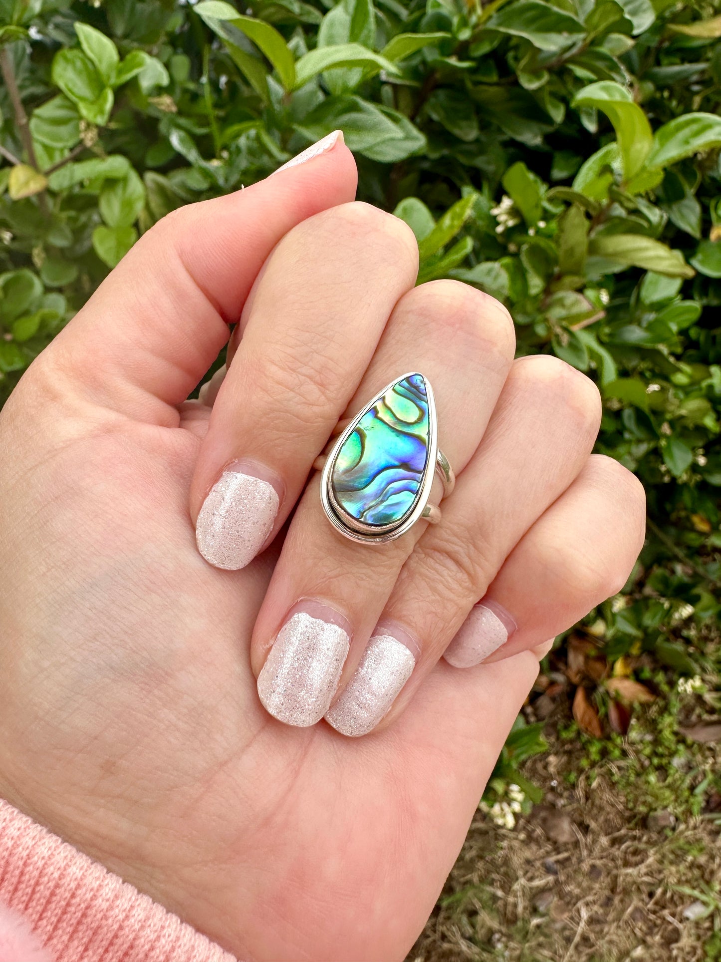 Paua Shell Sterling Silver Ring, Iridescent Abalone Ring for Women, Boho Shell Jewelry Size 6.25, Nature-Inspired Gift for Her