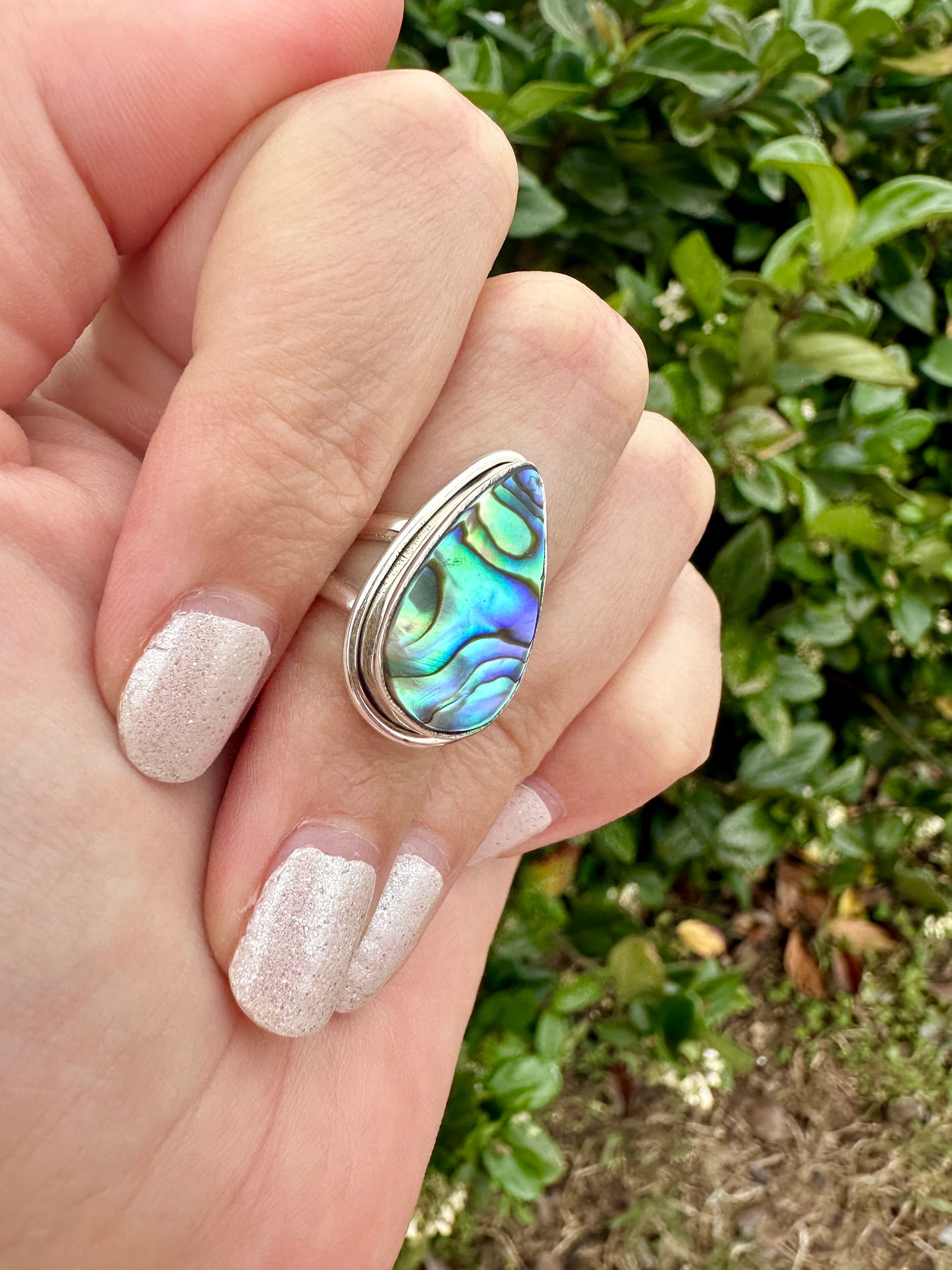 Paua Shell Sterling Silver Ring, Iridescent Abalone Ring for Women, Boho Shell Jewelry Size 6.25, Nature-Inspired Gift for Her