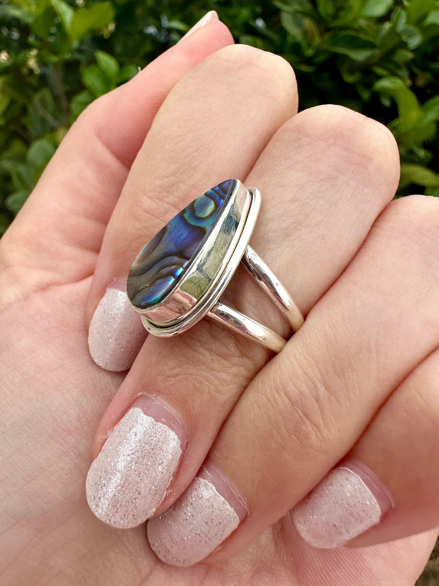 Paua Shell Sterling Silver Ring, Iridescent Abalone Ring for Women, Boho Shell Jewelry Size 6.25, Nature-Inspired Gift for Her