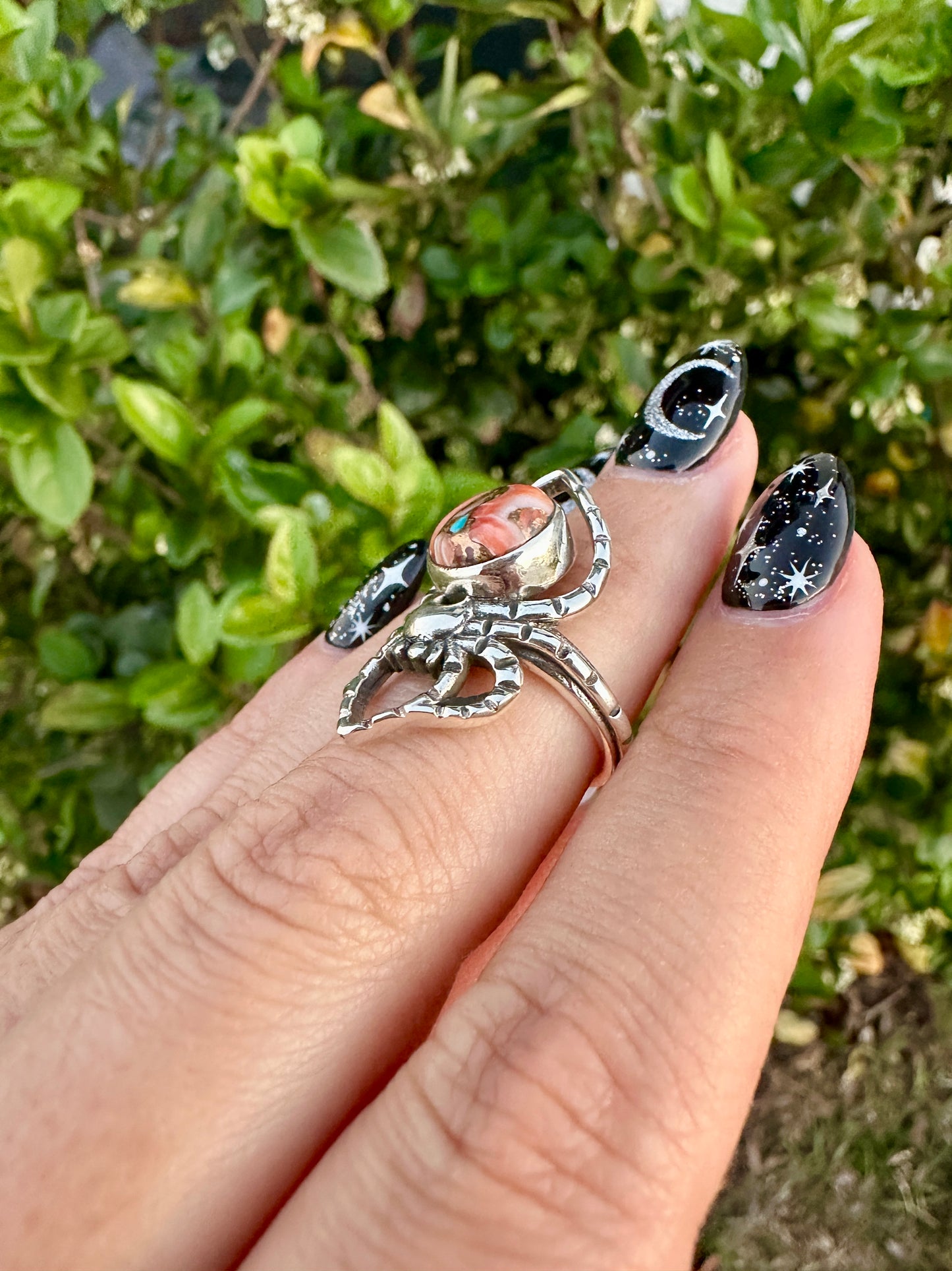 Spiny Oyster Turquoise Sterling Silver Spider Ring, Unique Boho Statement Ring, Nature-Inspired Jewelry Size 6.5, Gift for Her