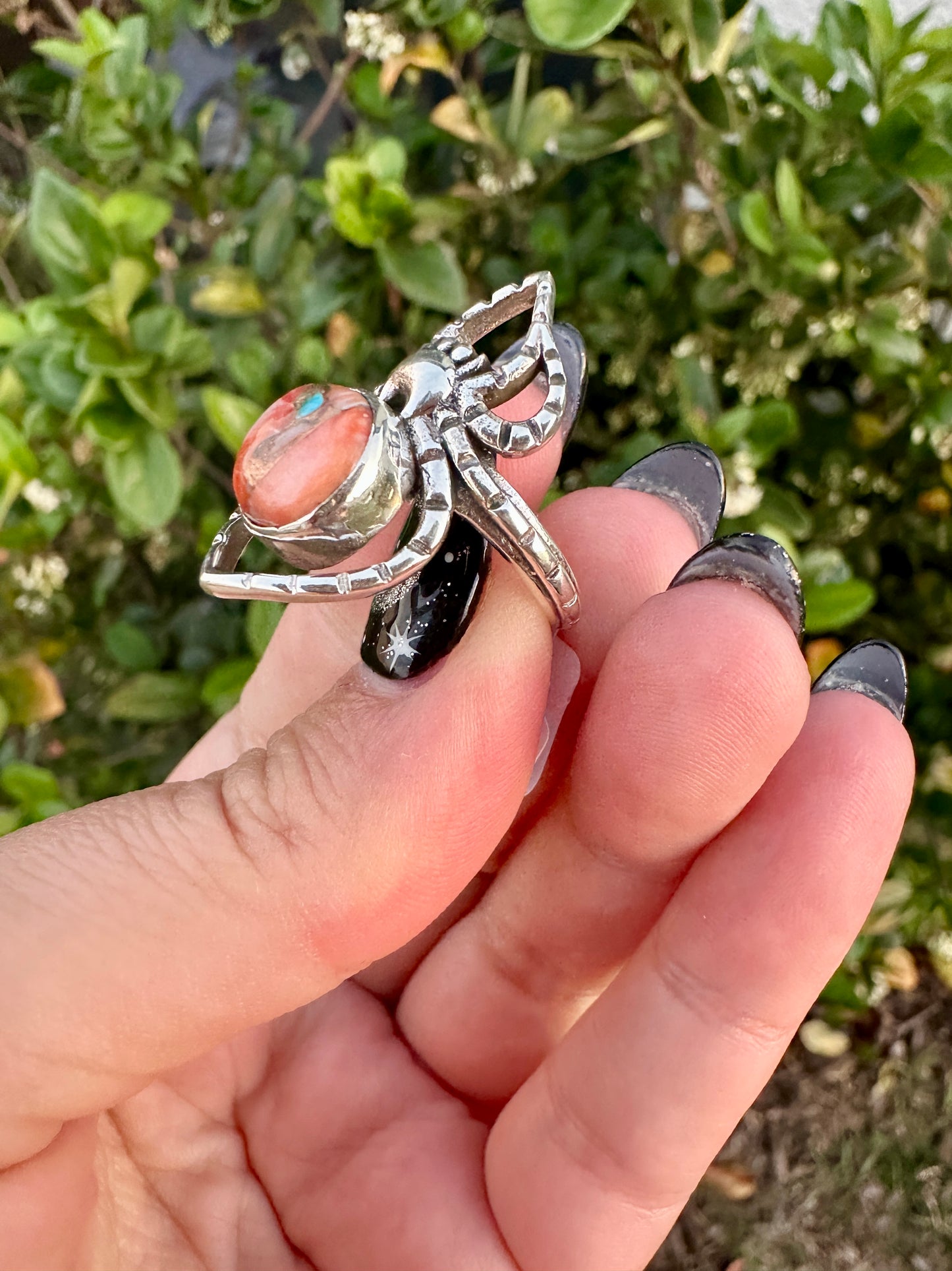 Spiny Oyster Turquoise Sterling Silver Spider Ring, Unique Boho Statement Ring, Nature-Inspired Jewelry Size 6.5, Gift for Her