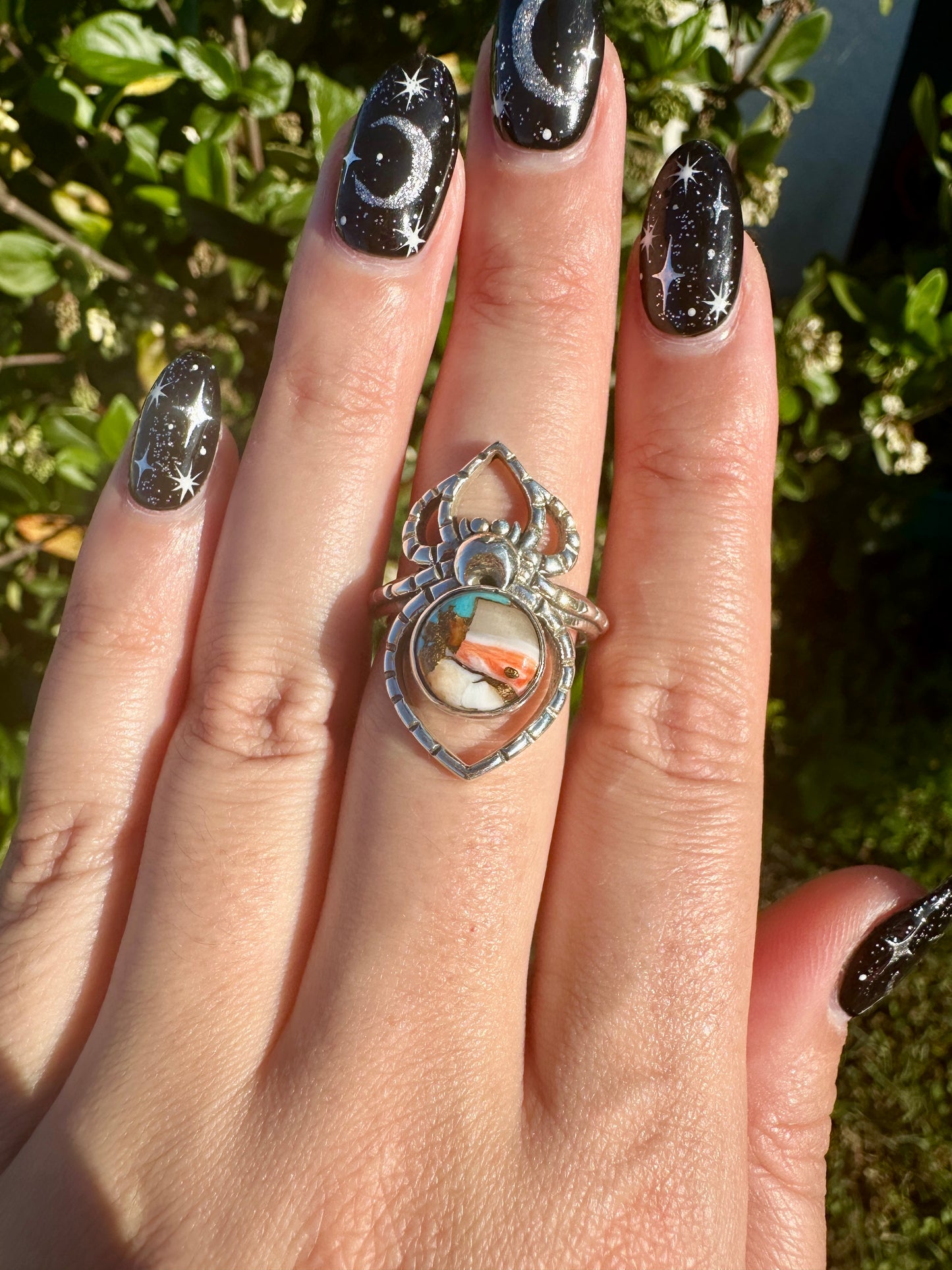 Spiny Oyster Turquoise Sterling Silver Spider Ring, Unique Boho Statement Ring, Nature-Inspired Jewelry Size 9.25, Gift for Her