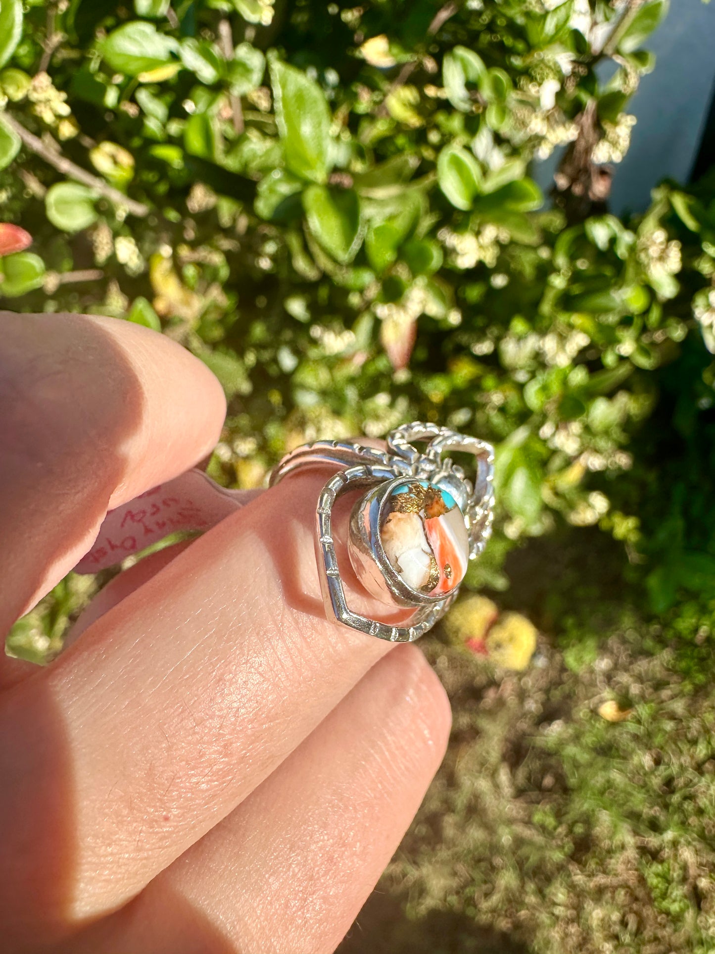 Spiny Oyster Turquoise Sterling Silver Spider Ring, Unique Boho Statement Ring, Nature-Inspired Jewelry Size 9.25, Gift for Her