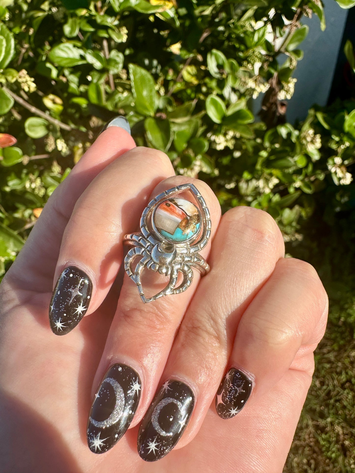 Spiny Oyster Turquoise Sterling Silver Spider Ring, Unique Boho Statement Ring, Nature-Inspired Jewelry Size 9.25, Gift for Her