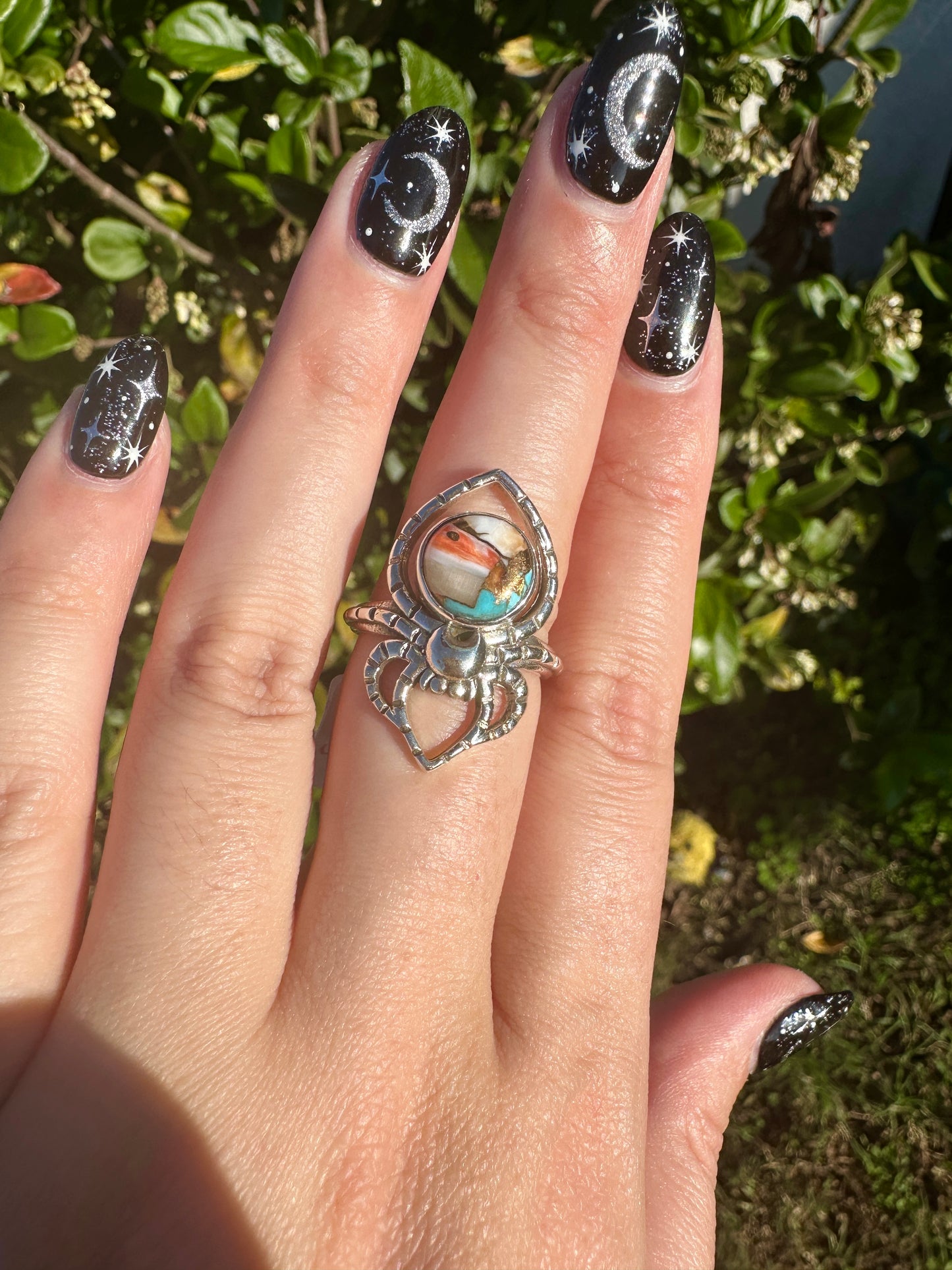 Spiny Oyster Turquoise Sterling Silver Spider Ring, Unique Boho Statement Ring, Nature-Inspired Jewelry Size 9.25, Gift for Her