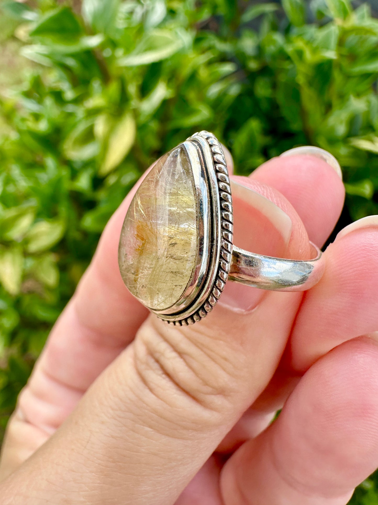 Gold Rutile Sterling Silver Ring Size 9.5: Exquisite Handcrafted Ring with Unique Golden Needle Inclusions, Ideal for Daily Wear or Special Occasions