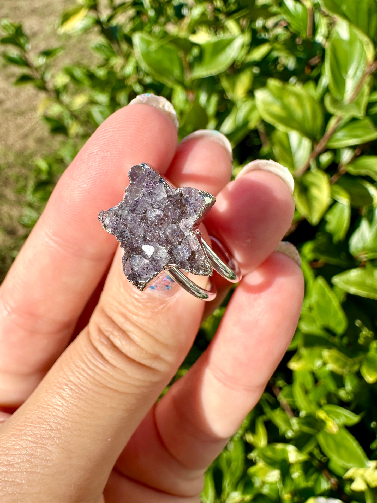 Uruguayan Druzy Amethyst Adjustable Silver Ring, Natural Healing Stone Jewelry, Unique Gift, Purple Crystal Ring, Handcrafted Adjustable Ring