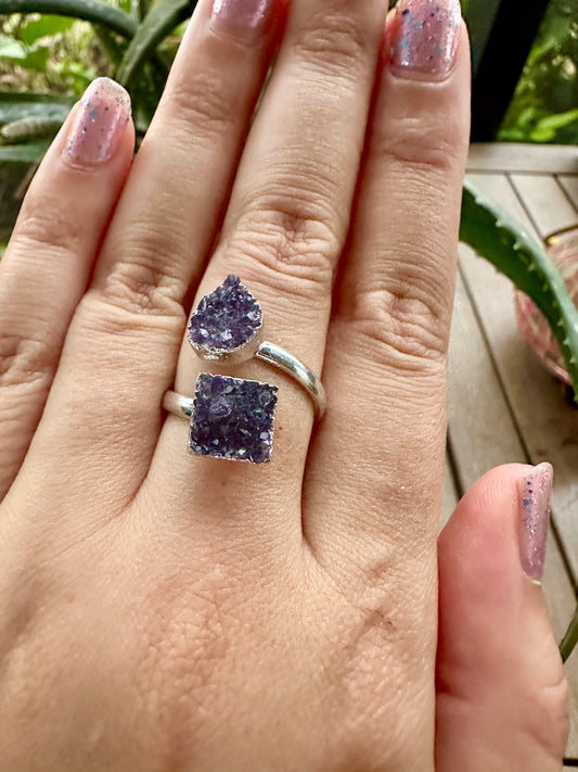 Uruguayan Druzy Amethyst Adjustable Silver Ring, Natural Healing Stone Jewelry, Unique Gift, Purple Crystal Ring, Handcrafted Adjustable Ring