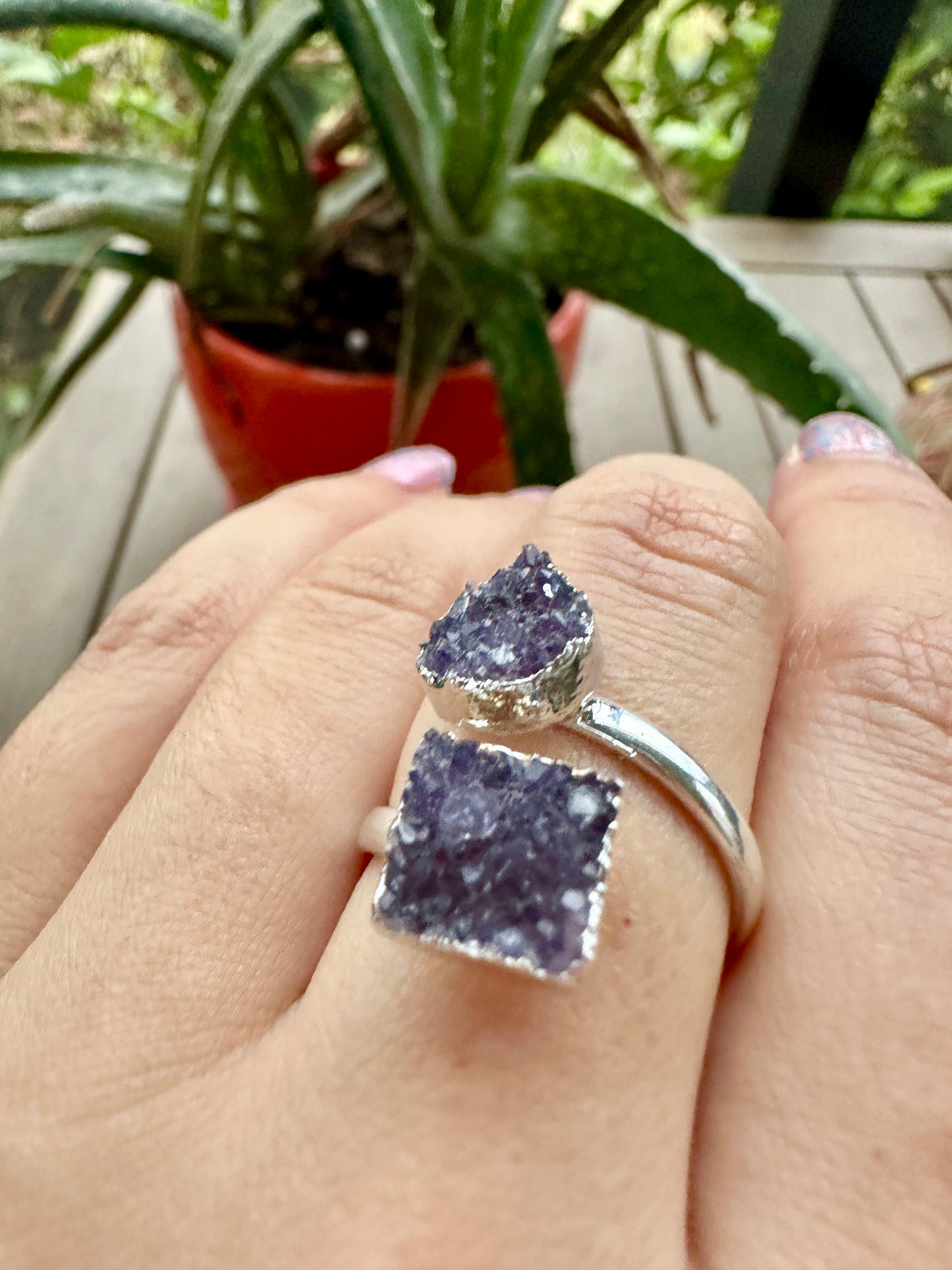 Uruguayan Druzy Amethyst Adjustable Silver Ring, Natural Healing Stone Jewelry, Unique Gift, Purple Crystal Ring, Handcrafted Adjustable Ring