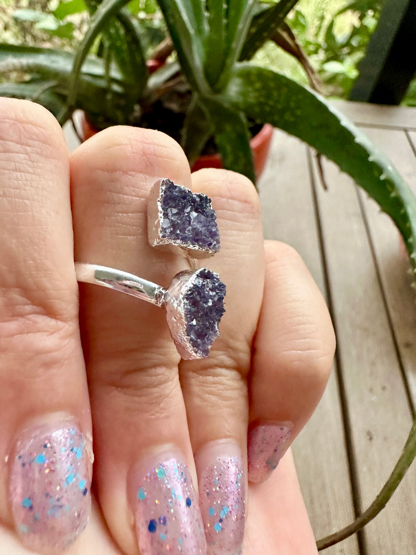 Uruguayan Druzy Amethyst Adjustable Silver Ring, Natural Healing Stone Jewelry, Unique Gift, Purple Crystal Ring, Handcrafted Adjustable Ring