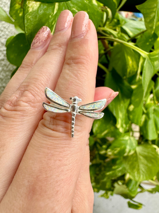 Sterling Silver Dragonfly Opal Ring Size 7 - Elegant Handcrafted Ring with Ethereal Opal, Perfect for Unique Jewelry Lovers