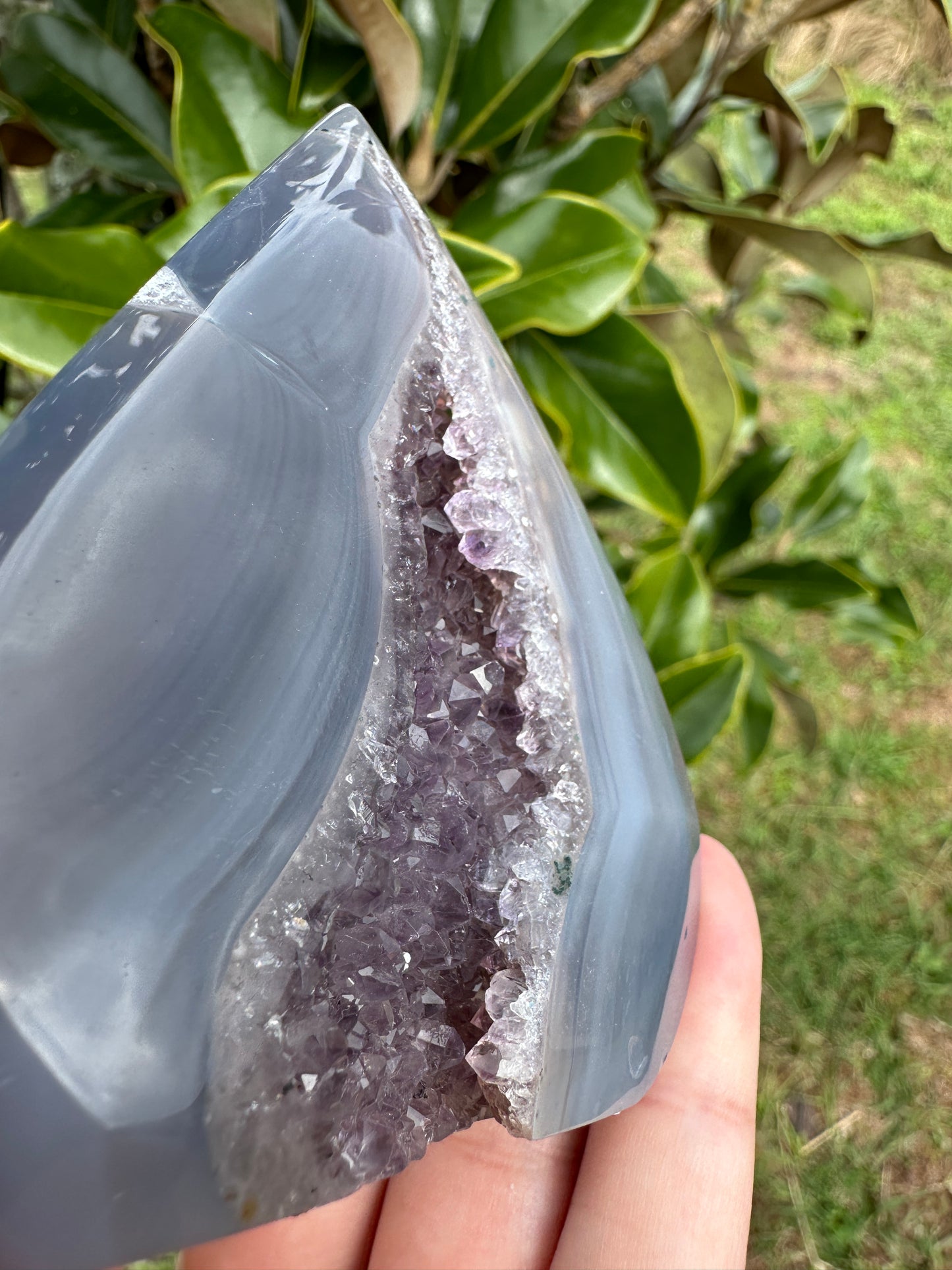 Druzy Agate with Amethyst Freeform Flame - Unique Fusion of Serenity and Energy for Spiritual Awakening and Decor