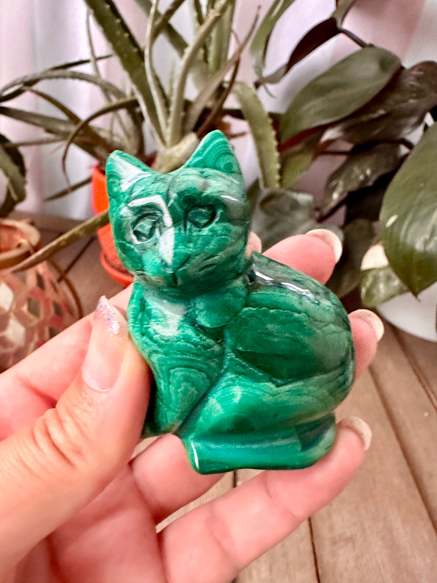 Beautiful Malachite Cat Carving - Natural Healing Crystal Sculpture for Home Decor, Collectors, and Gift Giving