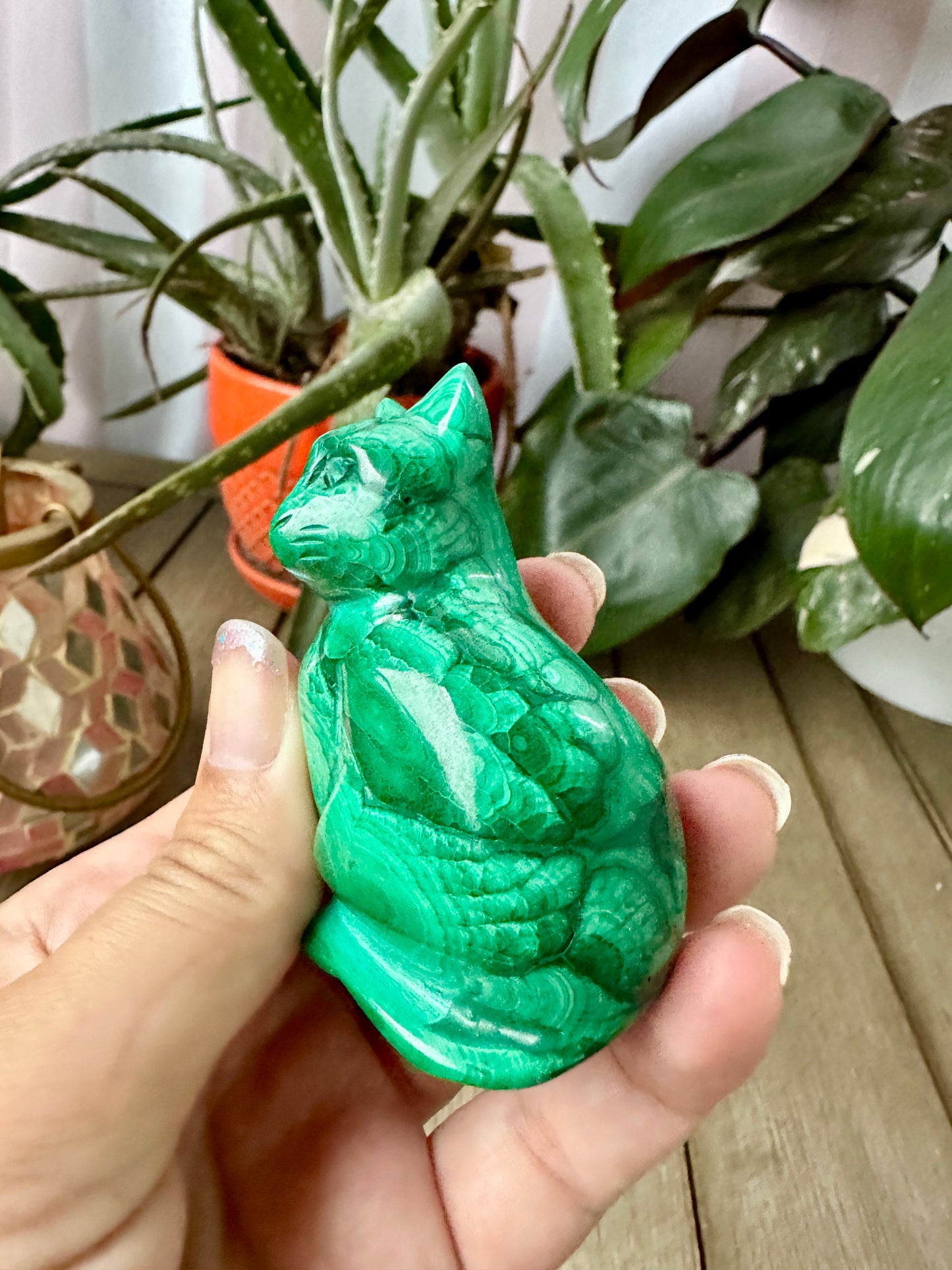 Beautiful Malachite Cat Carving - Natural Healing Crystal Sculpture for Home Decor, Collectors, and Gift Giving