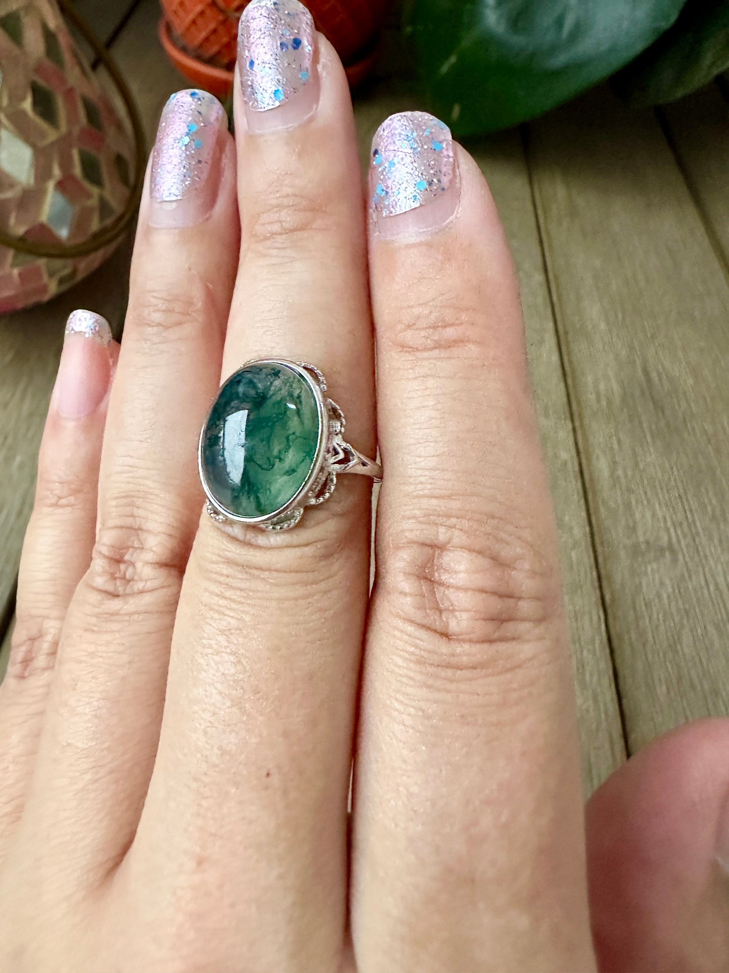 Elegant Adjustable Moss Agate Sterling Silver Ring - Natural Gemstone Ring for Healing, Fashion, and Gift Giving