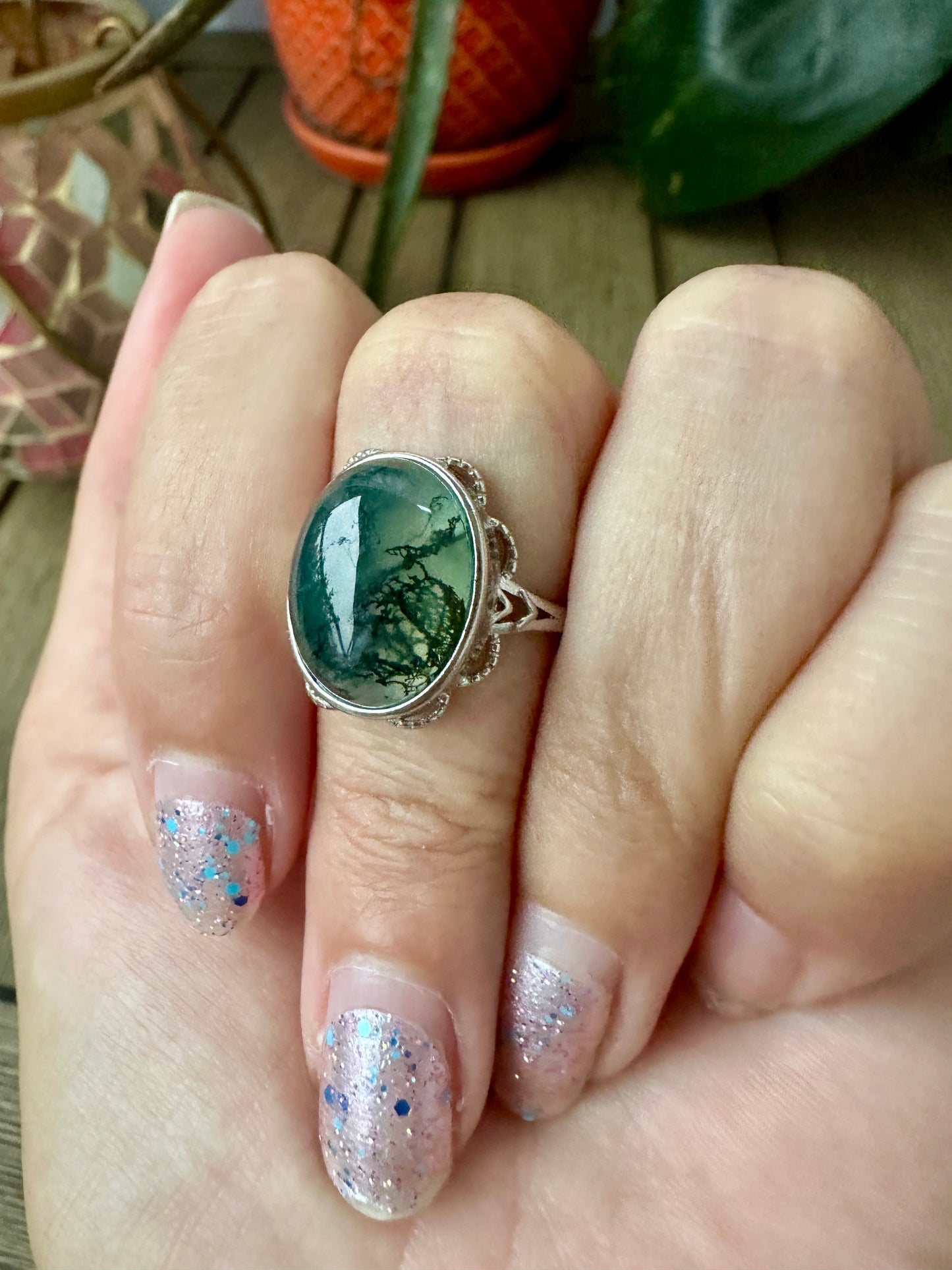 Elegant Adjustable Moss Agate Sterling Silver Ring - Natural Gemstone Ring for Healing, Fashion, and Gift Giving