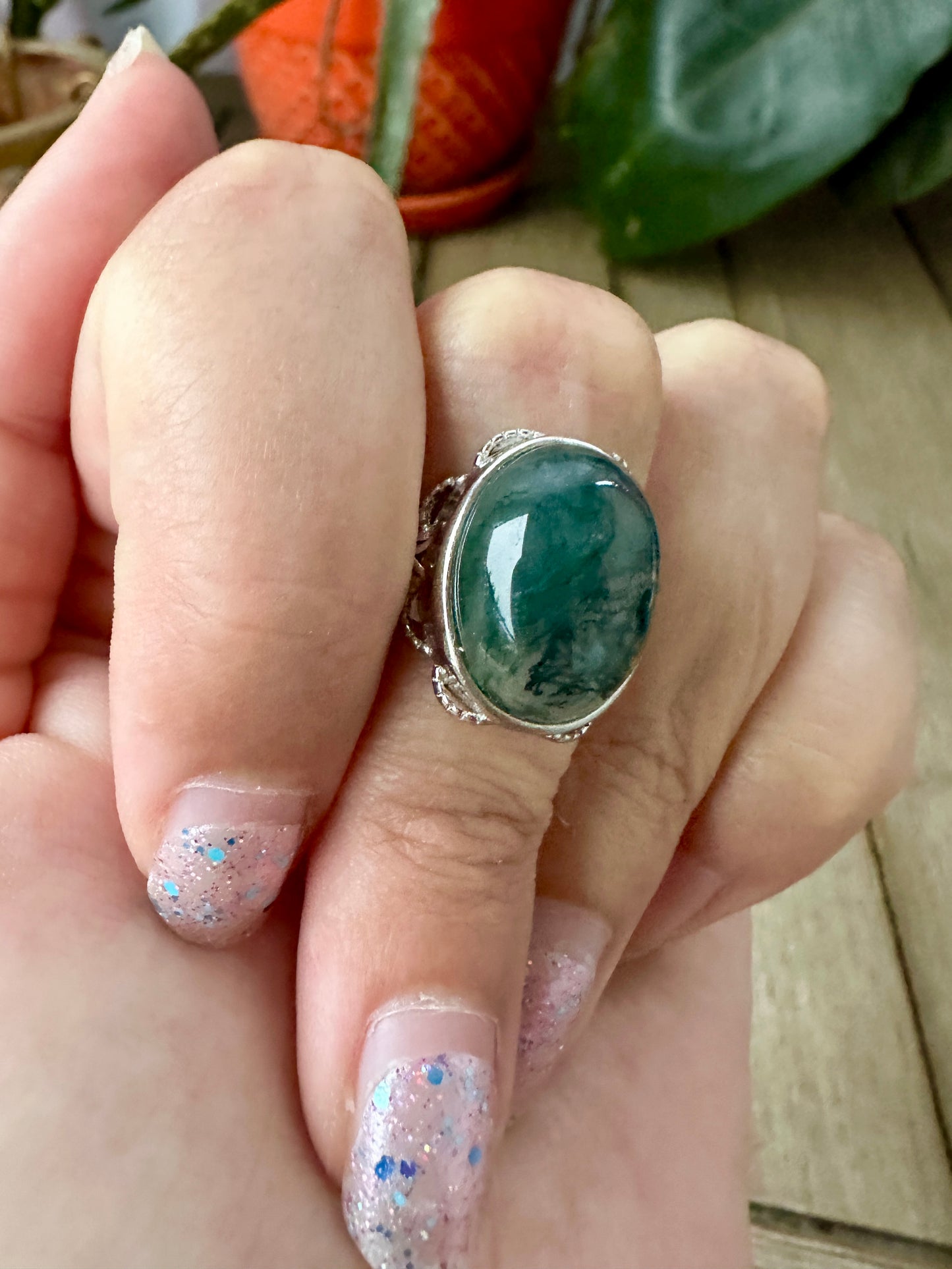 Elegant Adjustable Moss Agate Sterling Silver Ring - Natural Gemstone Ring for Healing, Fashion, and Gift Giving