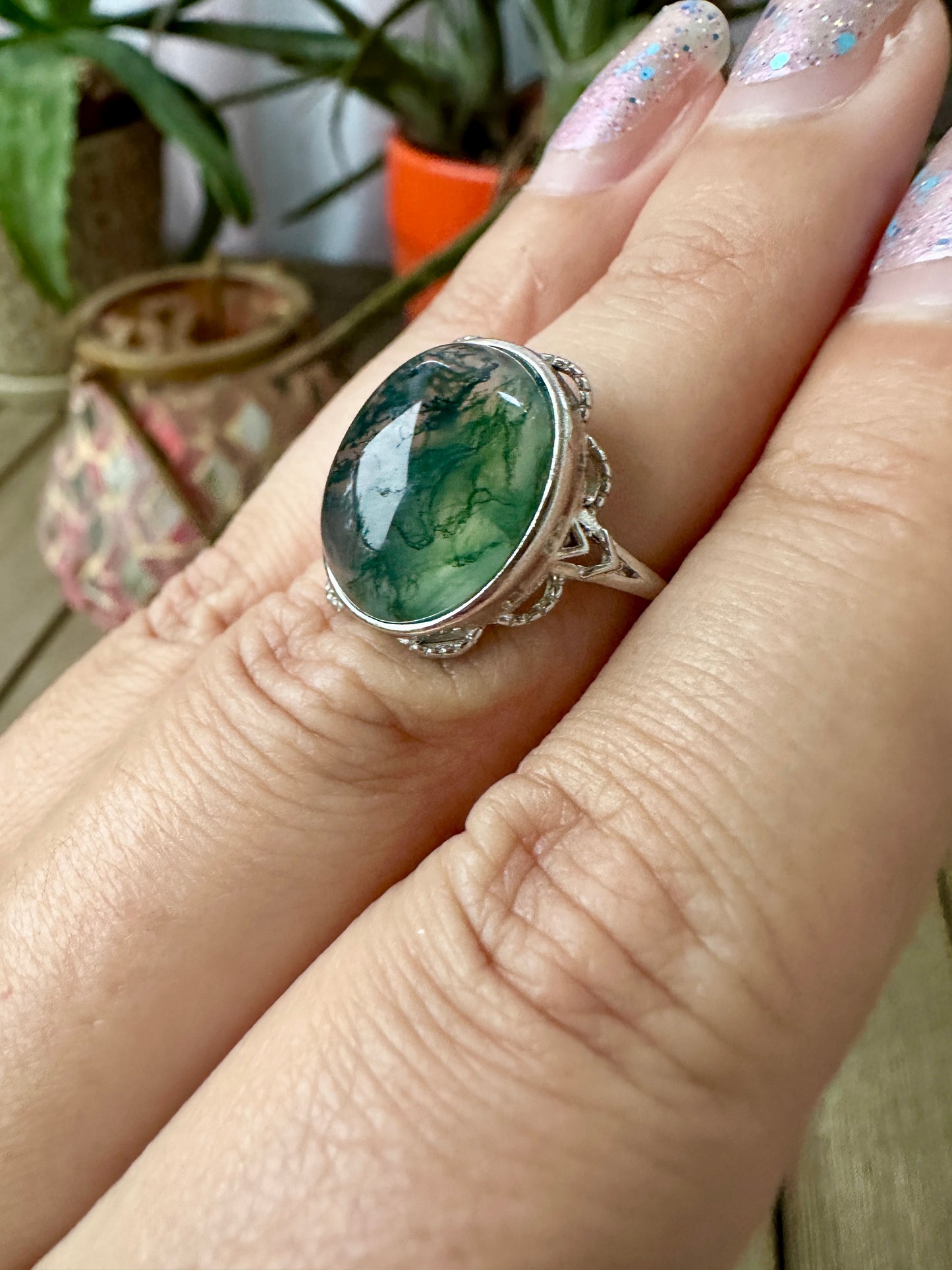 Elegant Adjustable Moss Agate Sterling Silver Ring - Natural Gemstone Ring for Healing, Fashion, and Gift Giving