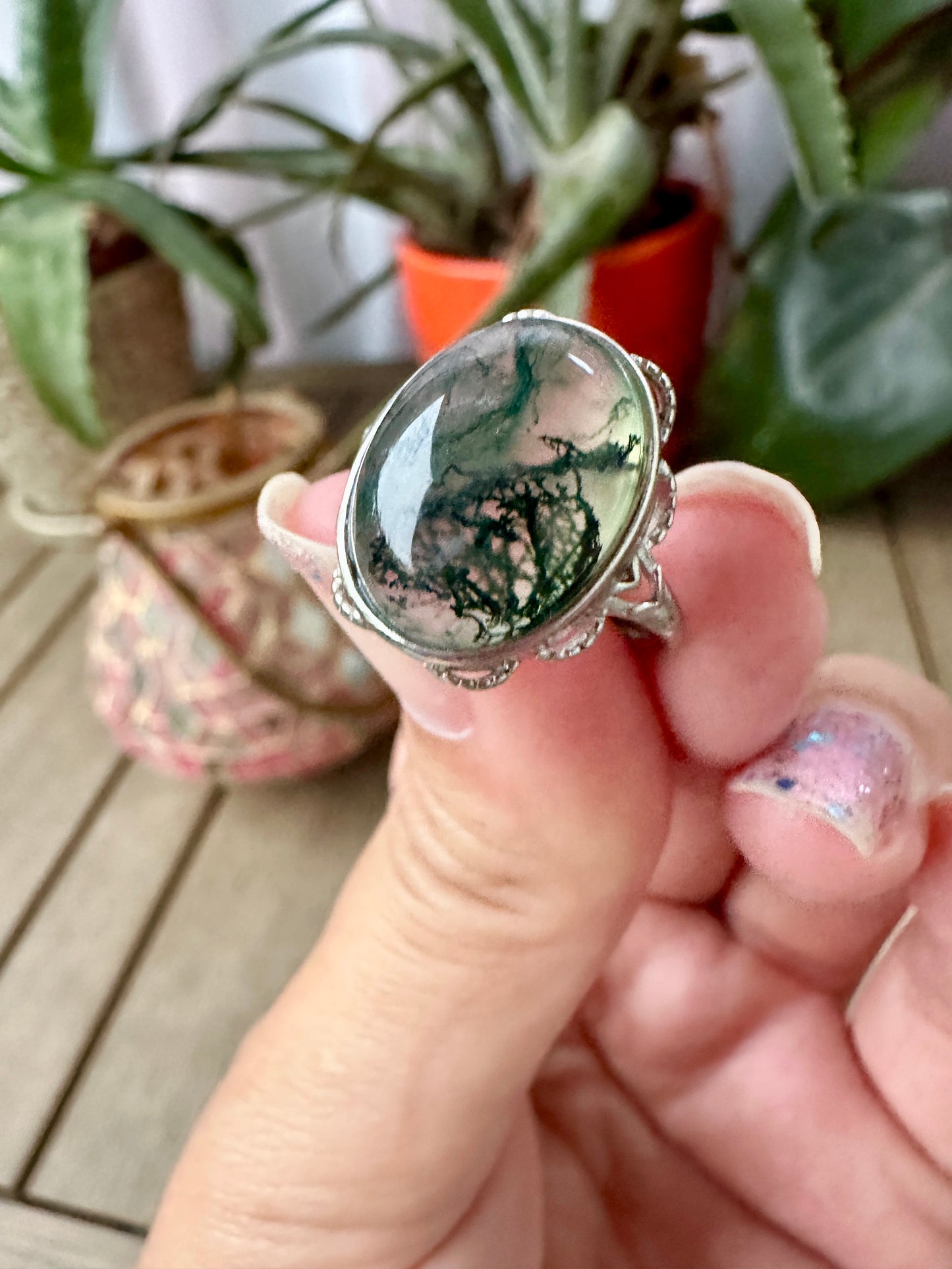 Elegant Adjustable Moss Agate Sterling Silver Ring - Natural Gemstone Ring for Healing, Fashion, and Gift Giving