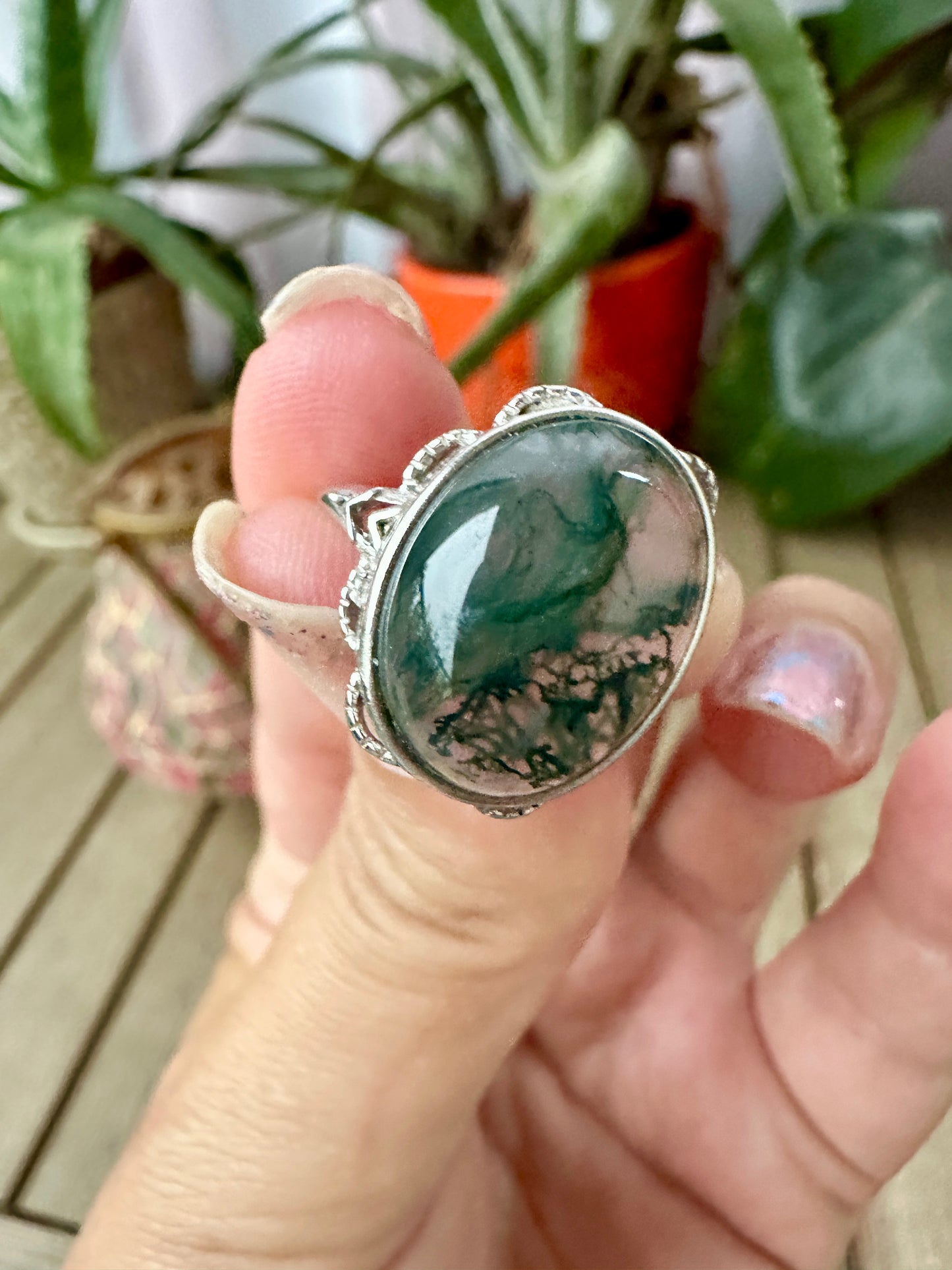 Elegant Adjustable Moss Agate Sterling Silver Ring - Natural Gemstone Ring for Healing, Fashion, and Gift Giving