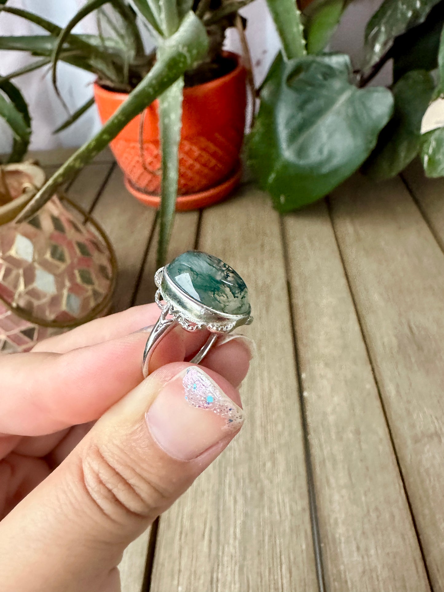 Elegant Adjustable Moss Agate Sterling Silver Ring - Natural Gemstone Ring for Healing, Fashion, and Gift Giving