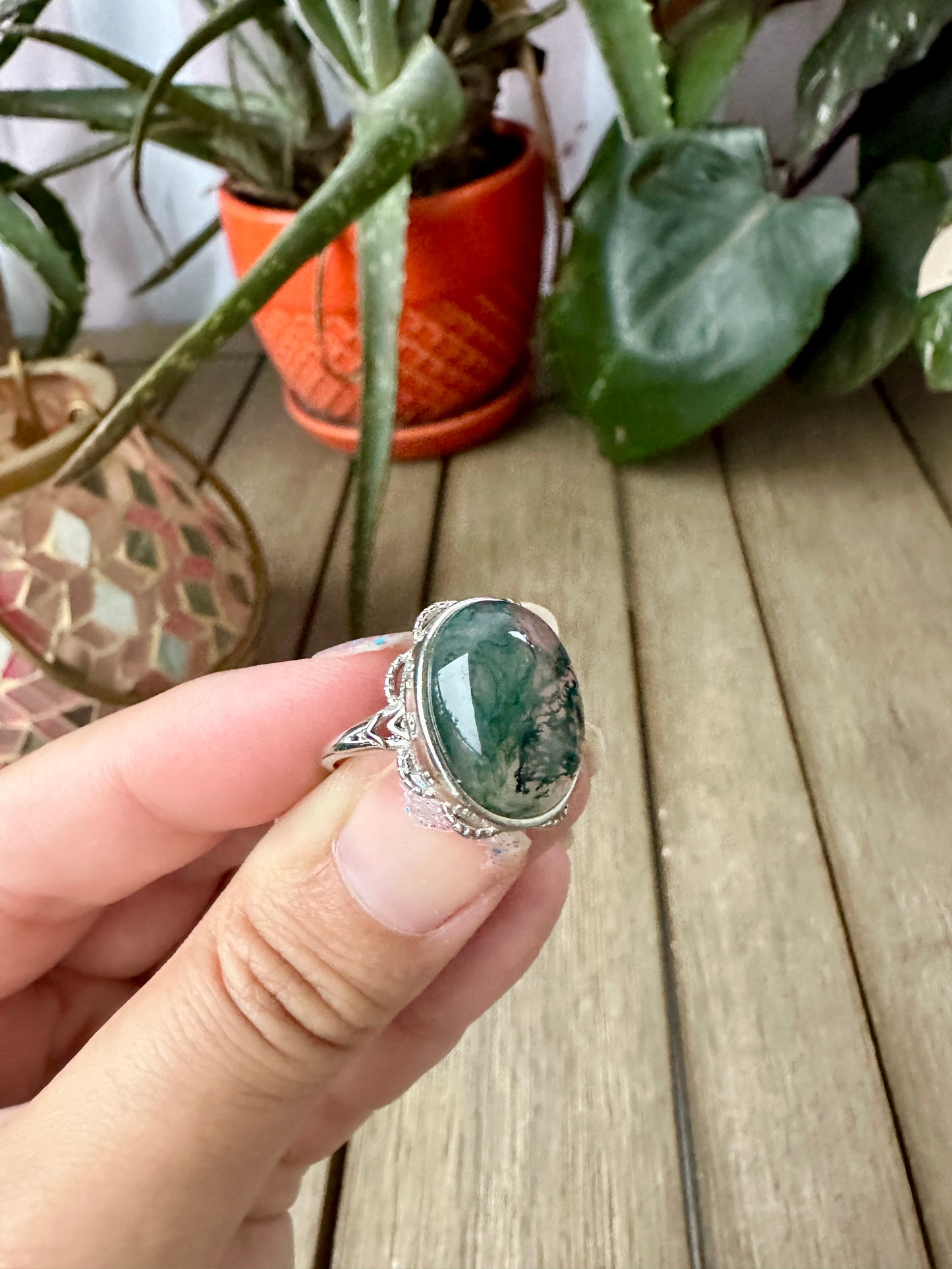 Elegant Adjustable Moss Agate Sterling Silver Ring - Natural Gemstone Ring for Healing, Fashion, and Gift Giving