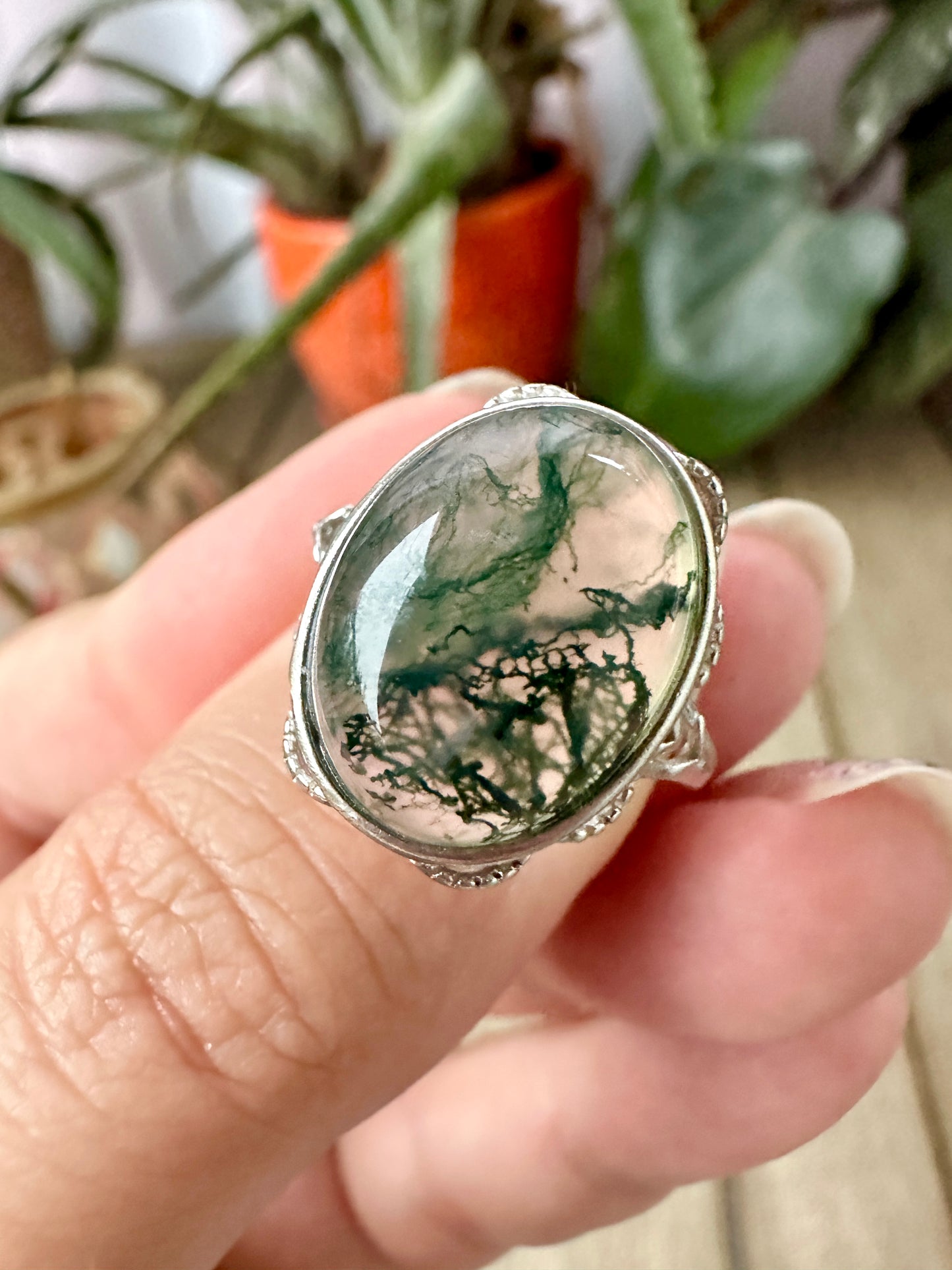 Elegant Adjustable Moss Agate Sterling Silver Ring - Natural Gemstone Ring for Healing, Fashion, and Gift Giving