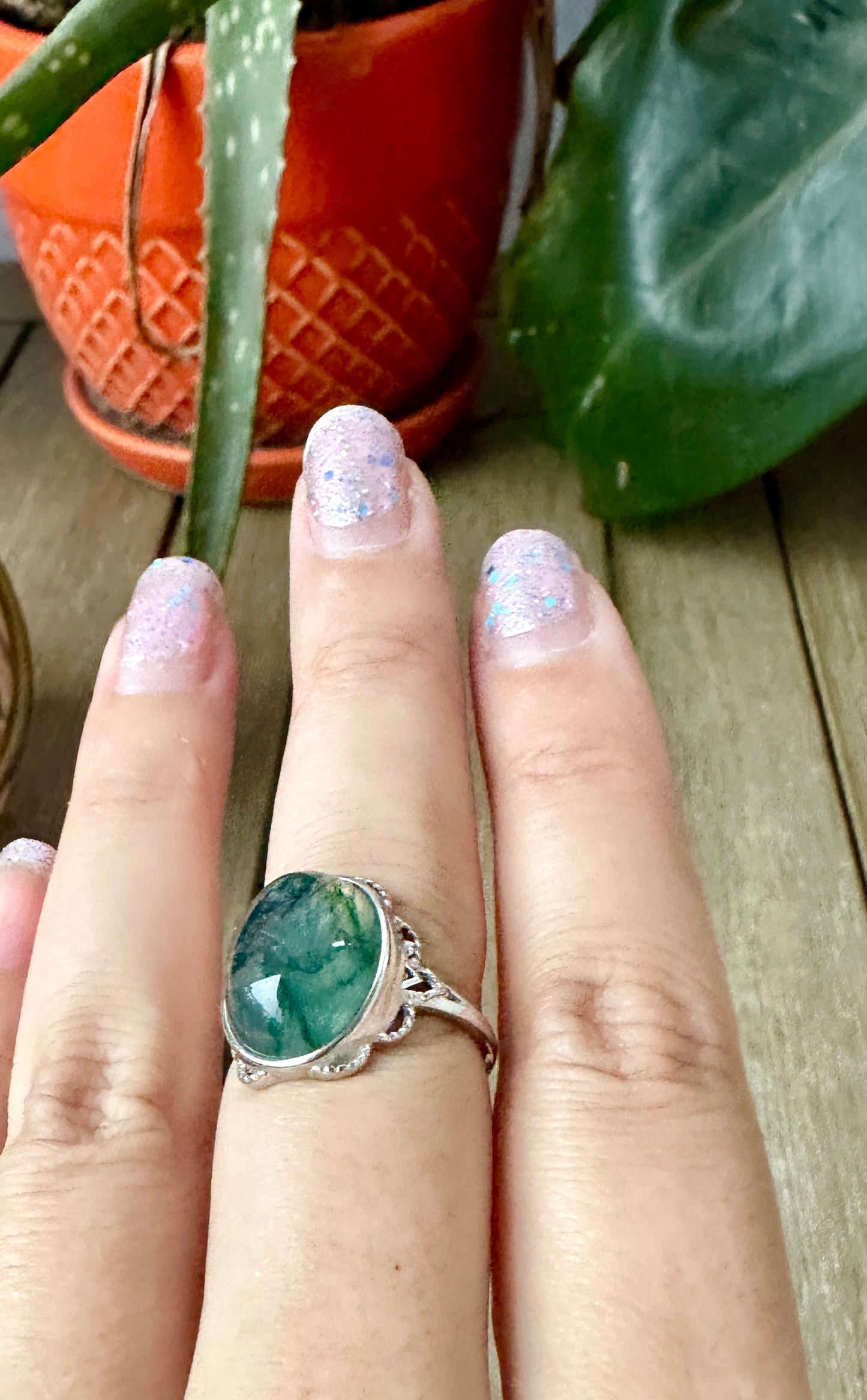 Elegant Adjustable Moss Agate Sterling Silver Ring - Natural Gemstone Ring for Healing, Fashion, and Gift Giving