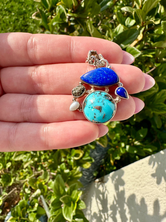 Sterling Silver Pendant with Pyrite, Persian Turquoise, Pearl, Lapis Lazuli