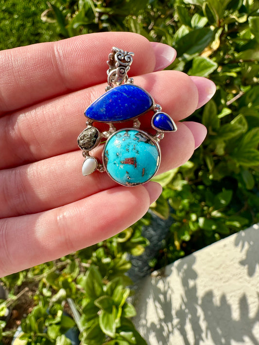 Sterling Silver Pendant with Pyrite, Persian Turquoise, Pearl, Lapis Lazuli