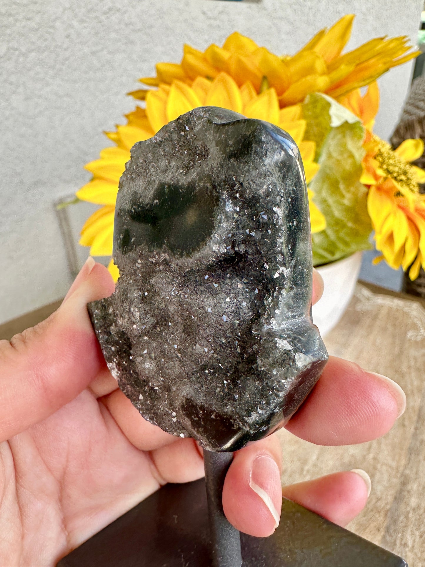 Druzy Amethyst Hamsa Hand on Stand from Uruguay - Protective Energy and Spiritual Tranquility Decor, Unique Amethyst Piece