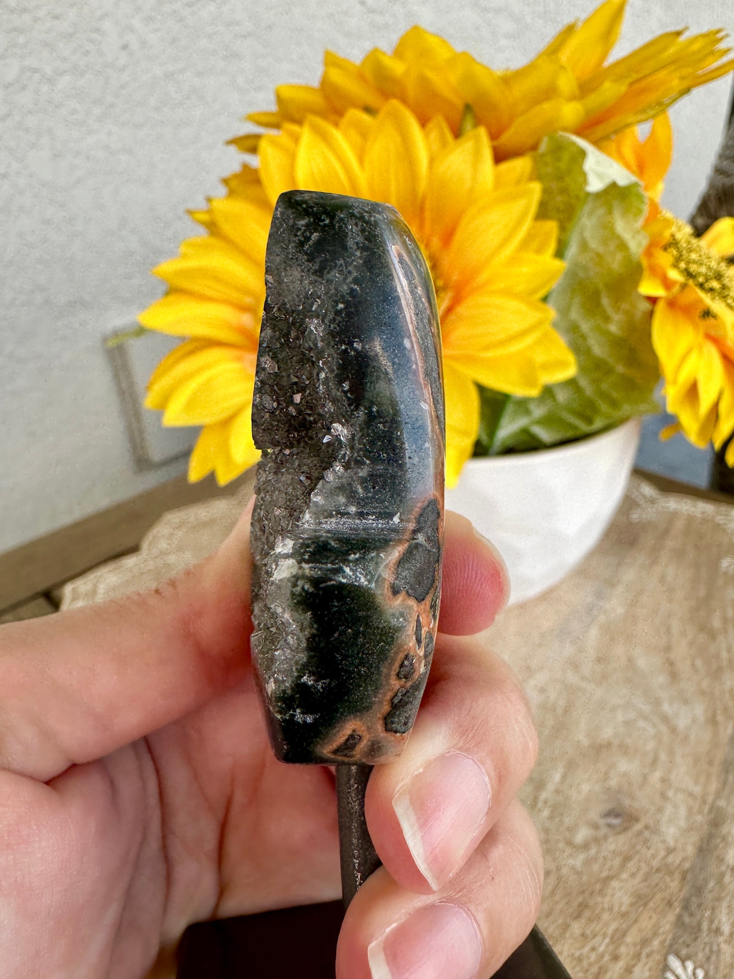 Druzy Amethyst Hamsa Hand on Stand from Uruguay - Protective Energy and Spiritual Tranquility Decor, Unique Amethyst Piece