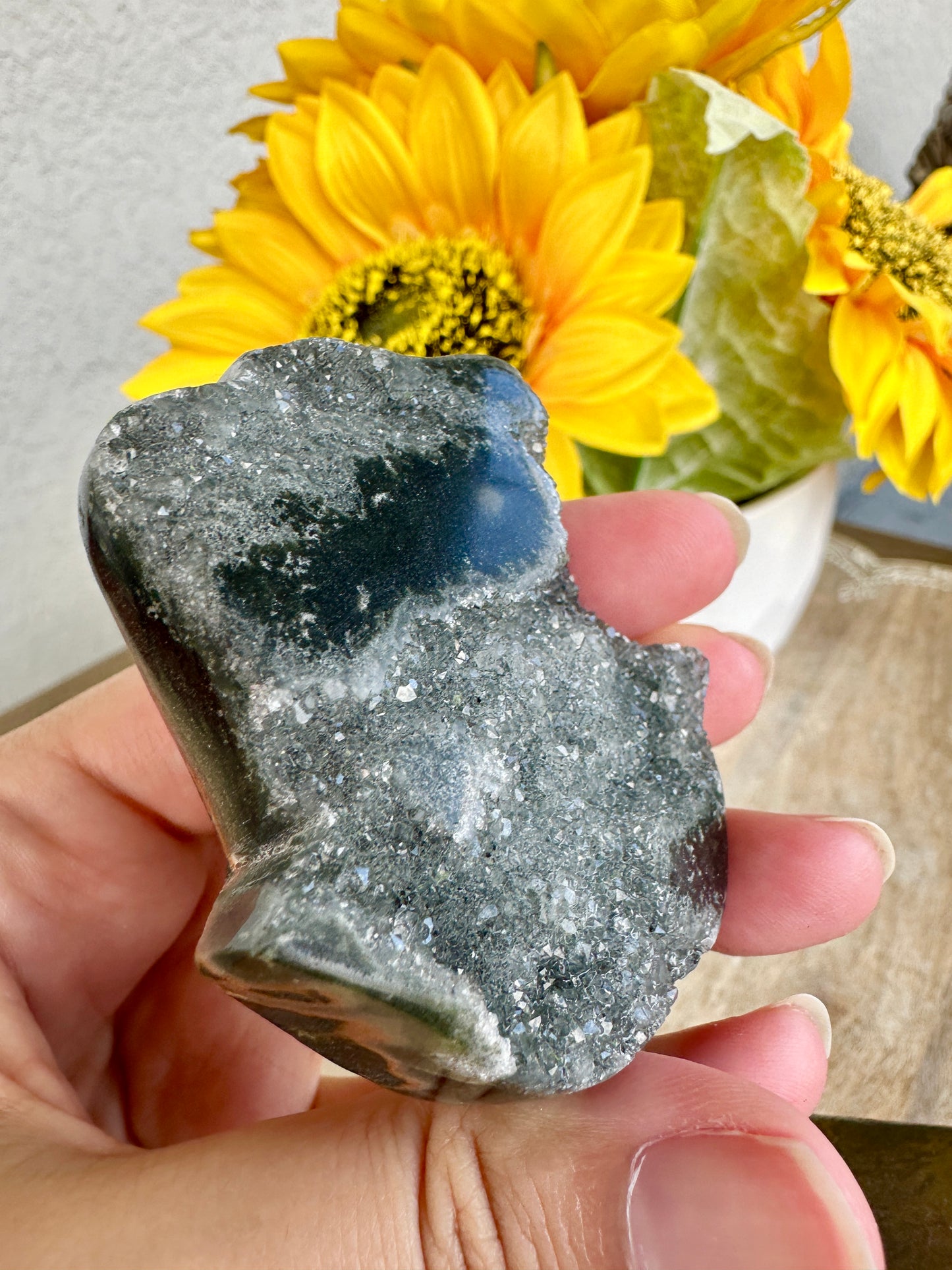 Druzy Amethyst Hamsa Hand on Stand from Uruguay - Protective Energy and Spiritual Tranquility Decor, Unique Amethyst Piece