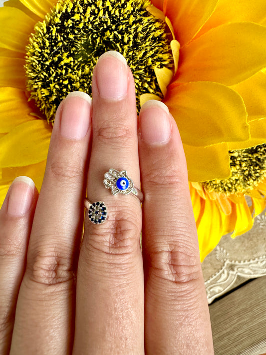 Elegant Adjustable Hamsa and Evil Eye Ring - Symbolic Jewelry for Protection, Fashion, and Gift Giving