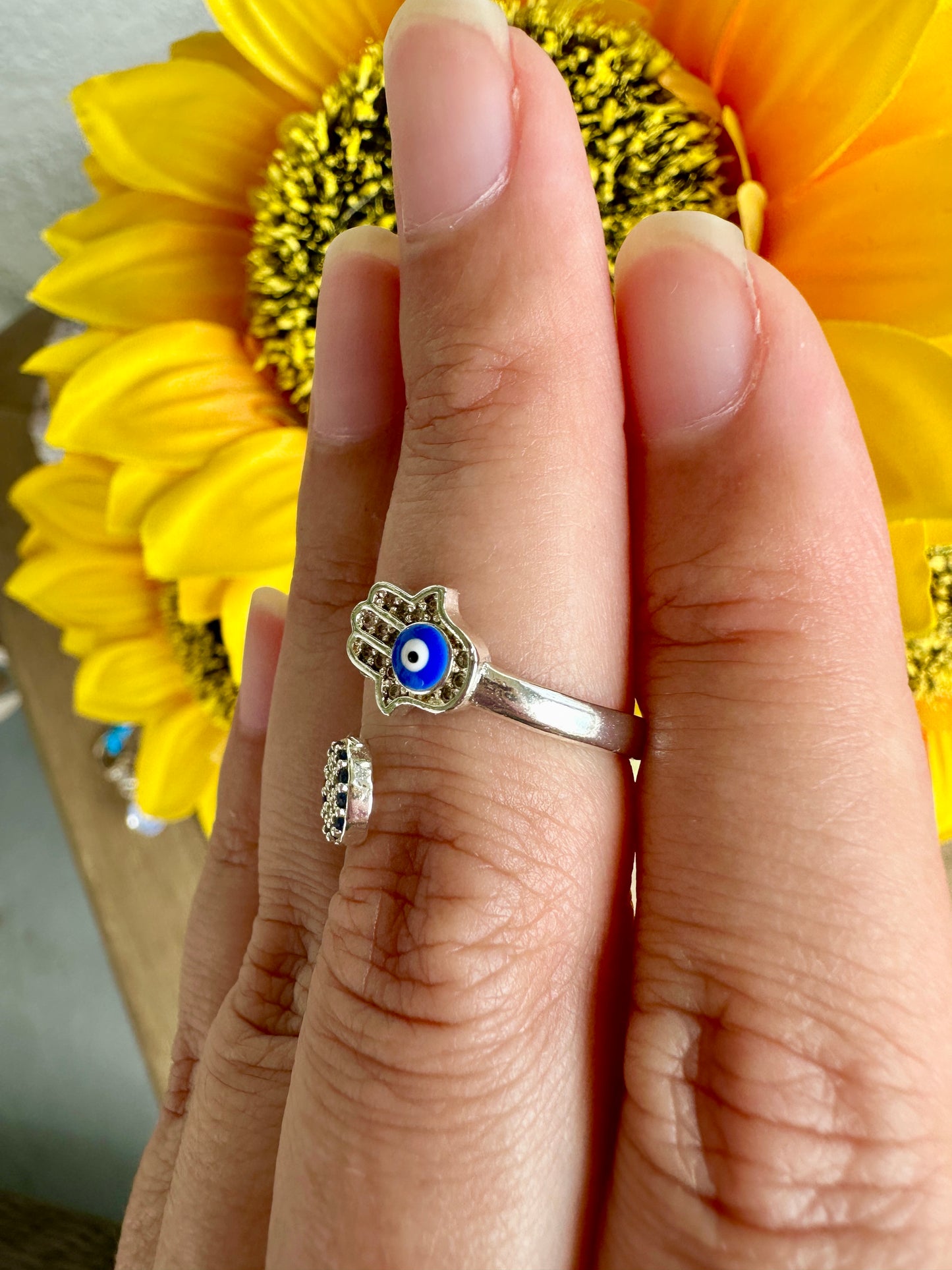 Elegant Adjustable Hamsa and Evil Eye Ring - Symbolic Jewelry for Protection, Fashion, and Gift Giving