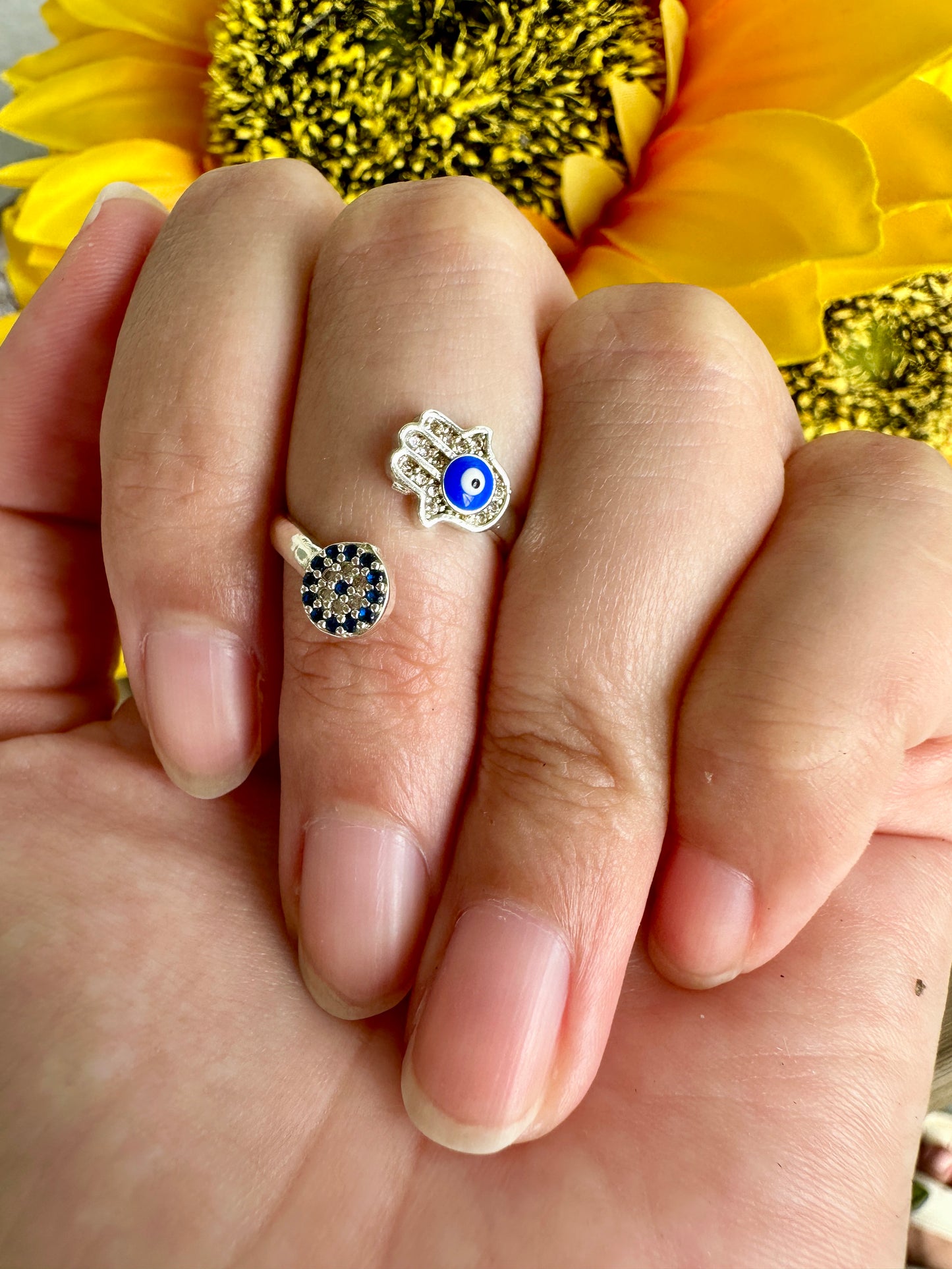 Elegant Adjustable Hamsa and Evil Eye Ring - Symbolic Jewelry for Protection, Fashion, and Gift Giving