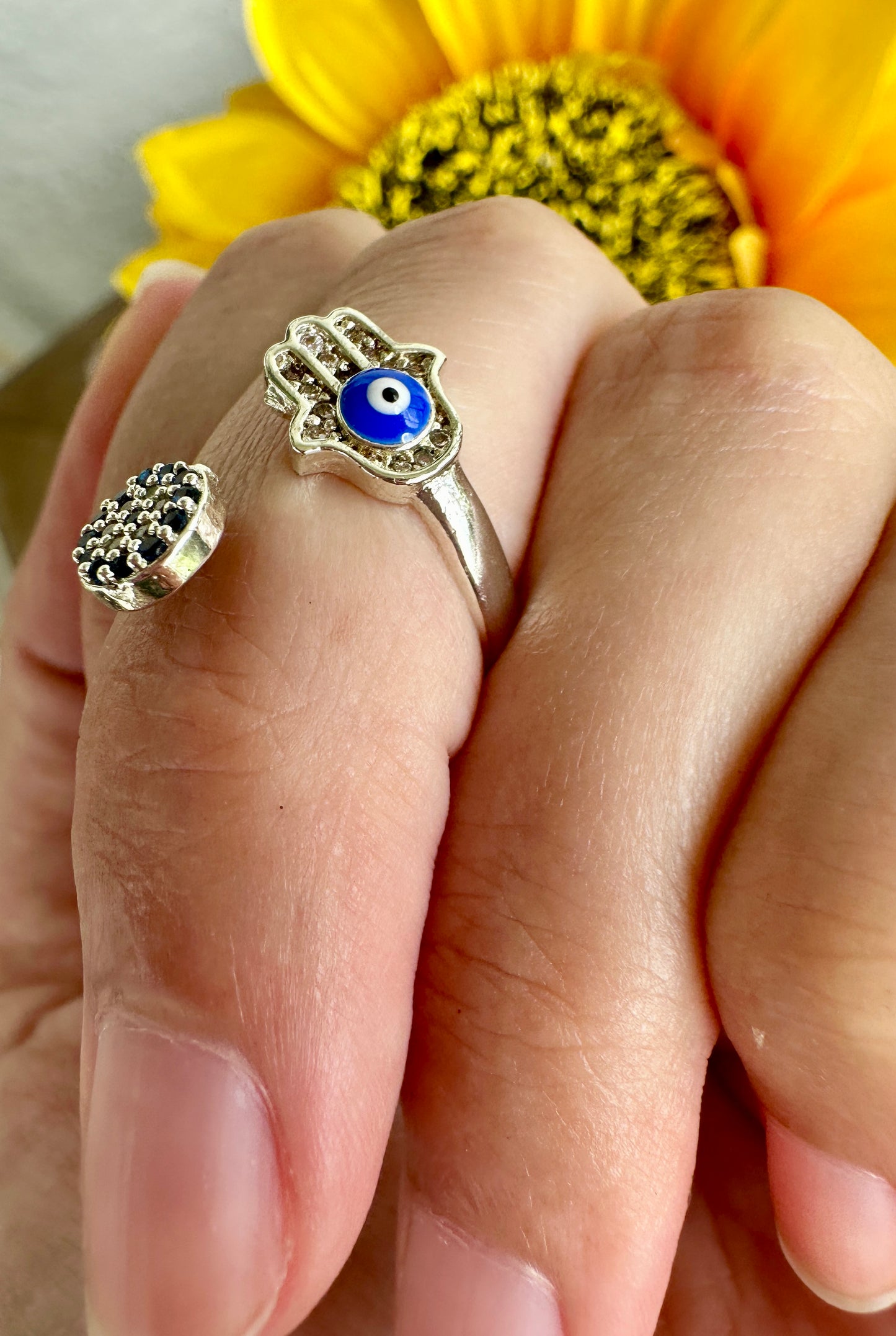 Elegant Adjustable Hamsa and Evil Eye Ring - Symbolic Jewelry for Protection, Fashion, and Gift Giving