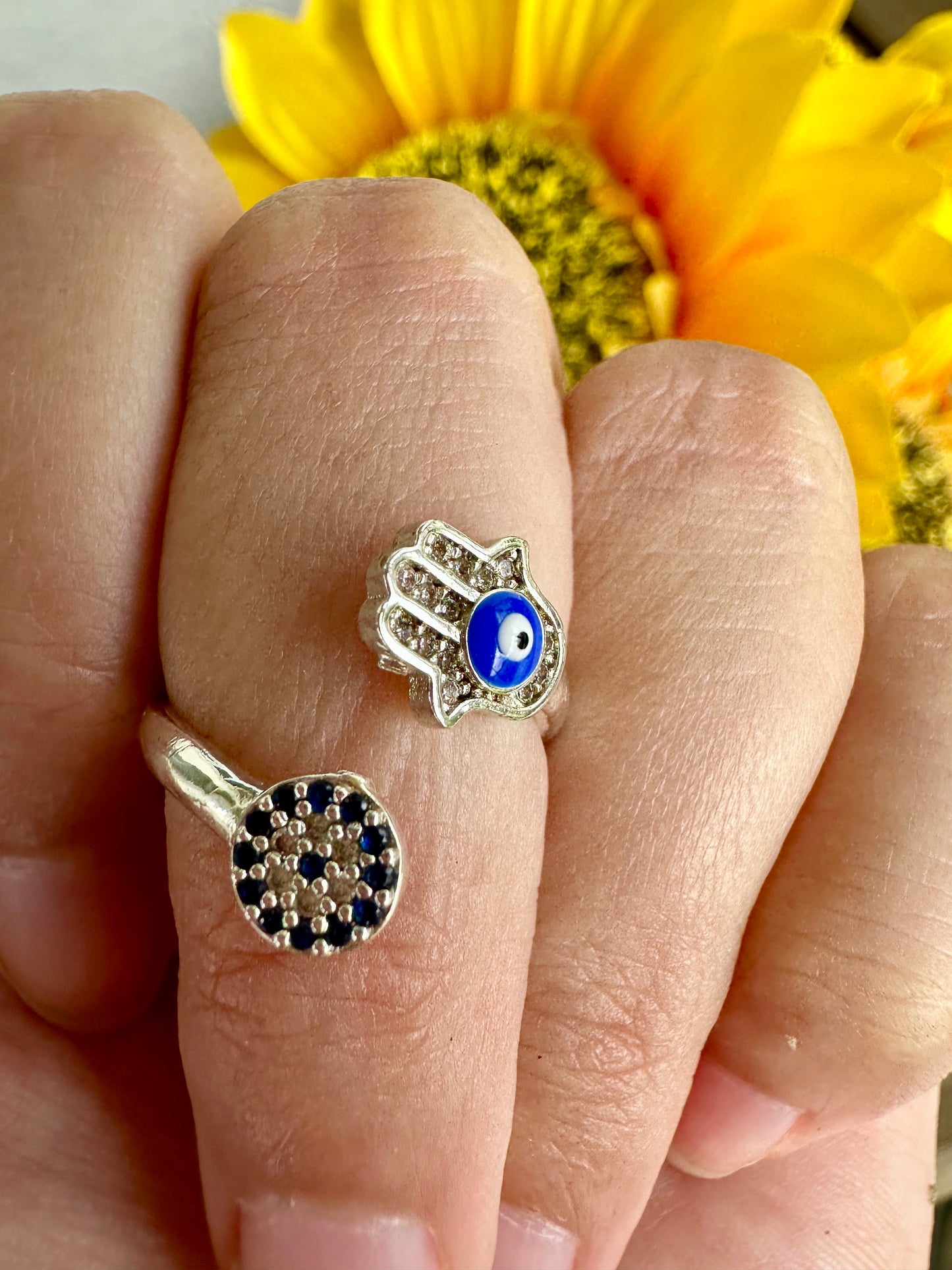 Elegant Adjustable Hamsa and Evil Eye Ring - Symbolic Jewelry for Protection, Fashion, and Gift Giving