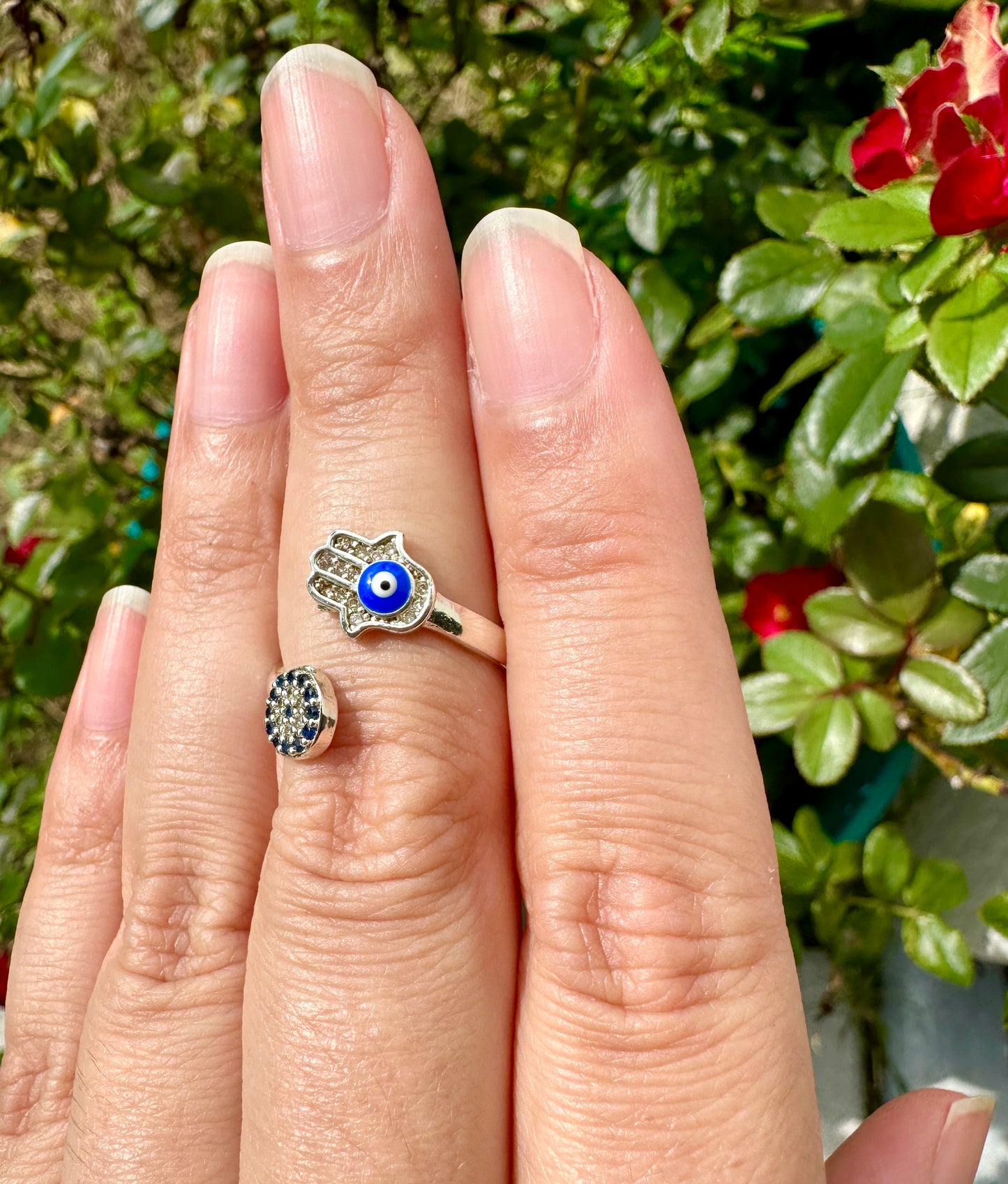 Elegant Adjustable Hamsa and Evil Eye Ring - Symbolic Jewelry for Protection, Fashion, and Gift Giving