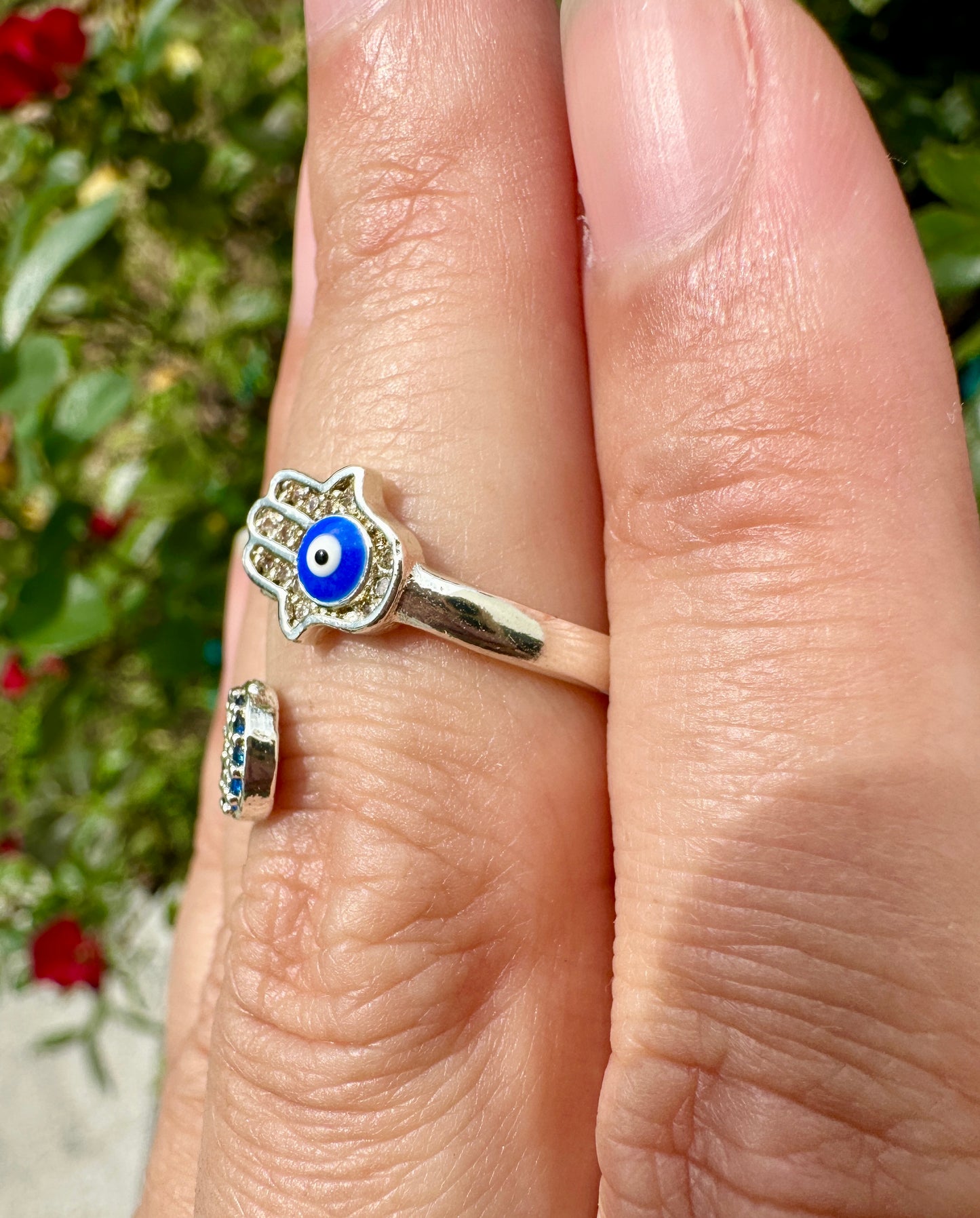 Elegant Adjustable Hamsa and Evil Eye Ring - Symbolic Jewelry for Protection, Fashion, and Gift Giving