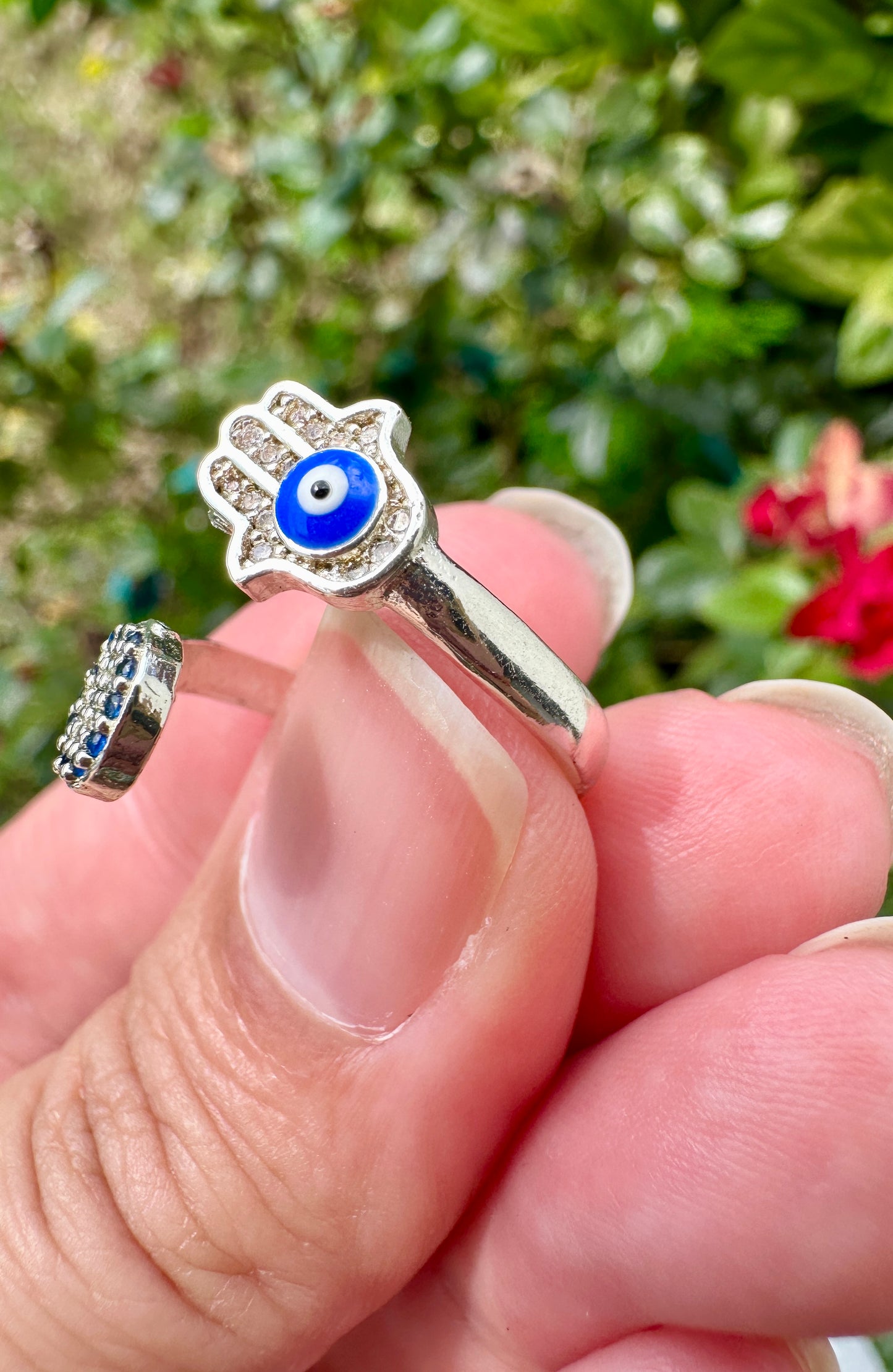 Elegant Adjustable Hamsa and Evil Eye Ring - Symbolic Jewelry for Protection, Fashion, and Gift Giving