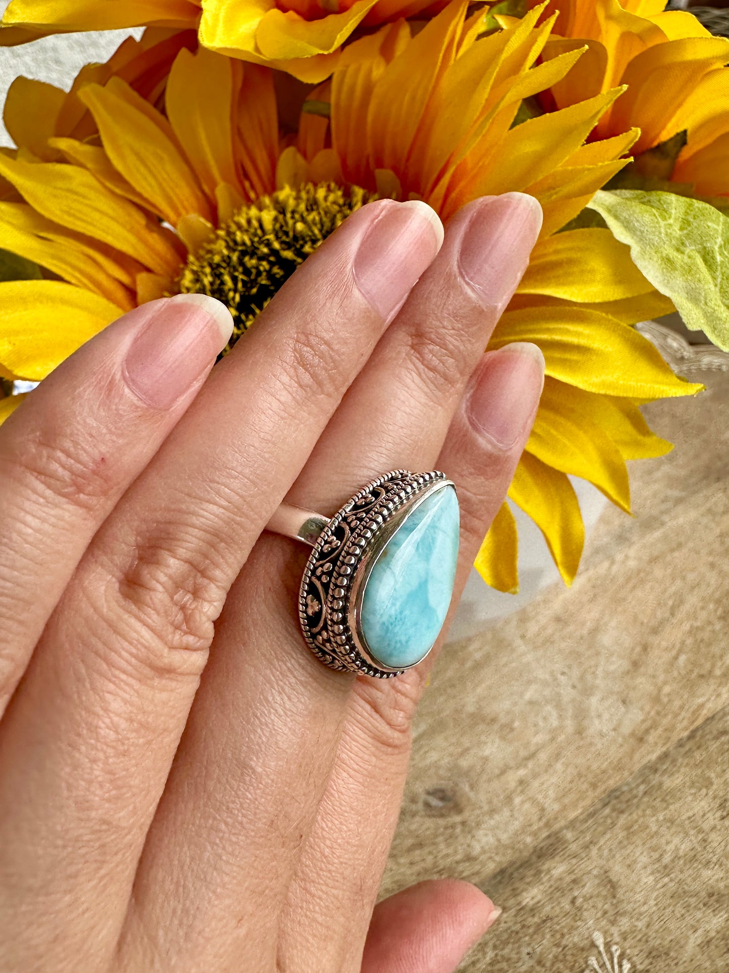 Elegant Larimar Sterling Silver Ring Size 8.25 - Natural Gemstone Ring for Healing, Fashion, and Gift Giving