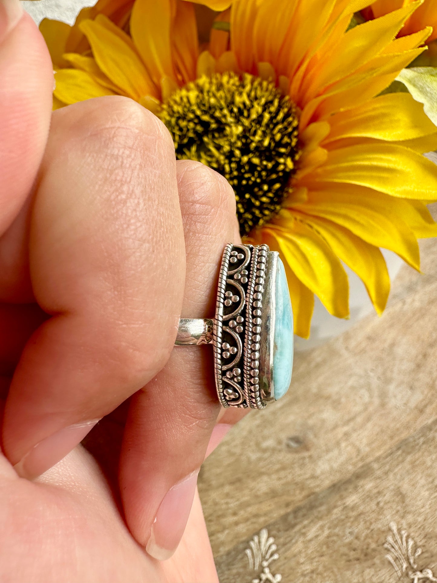 Elegant Larimar Sterling Silver Ring Size 8.25 - Natural Gemstone Ring for Healing, Fashion, and Gift Giving