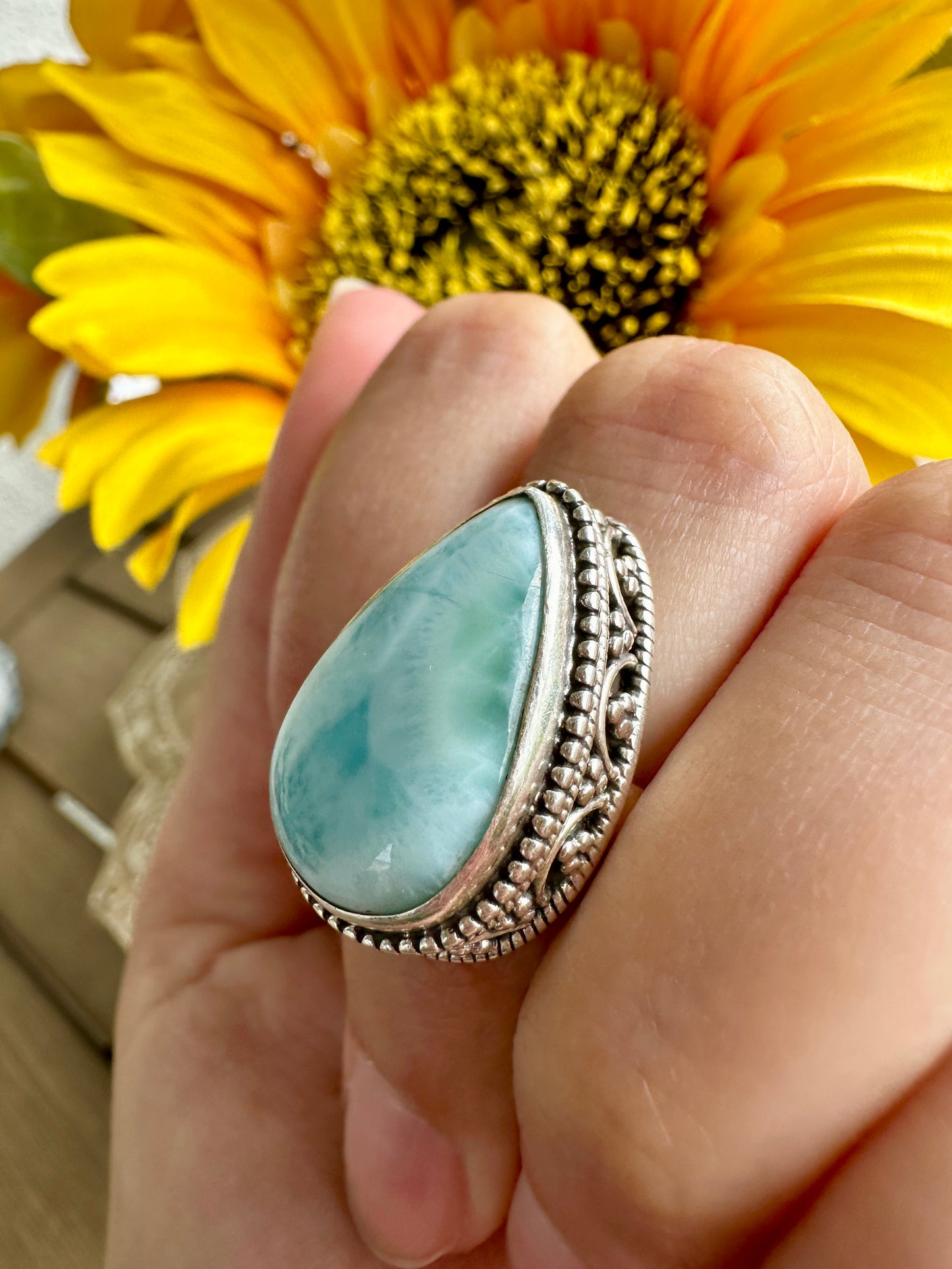 Elegant Larimar Sterling Silver Ring Size 8.25 - Natural Gemstone Ring for Healing, Fashion, and Gift Giving