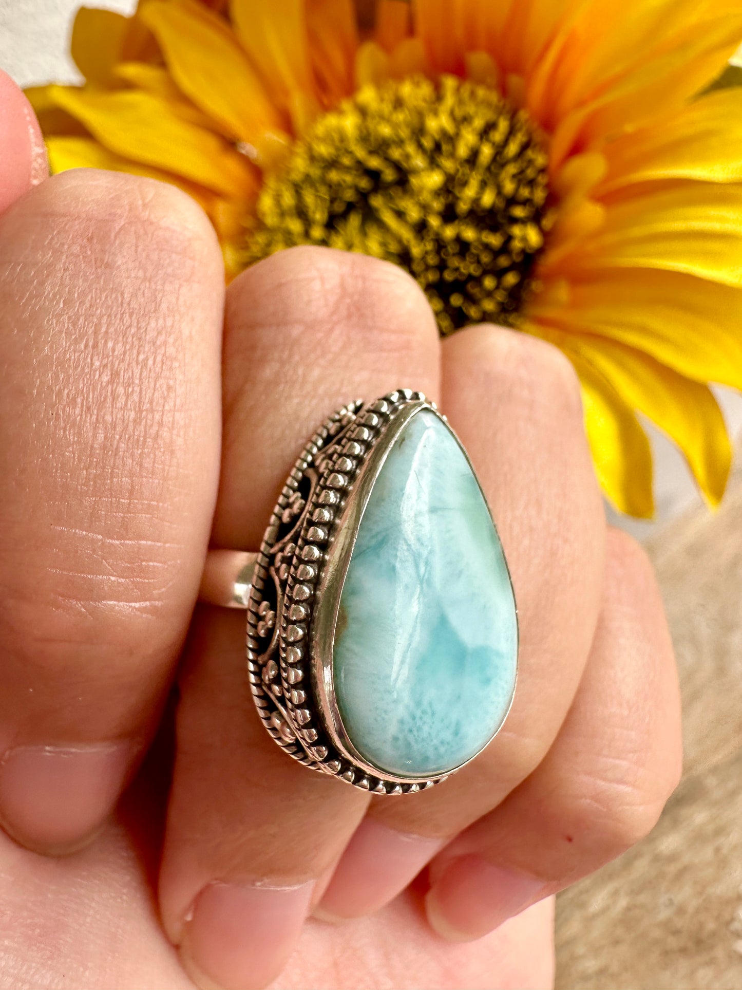 Elegant Larimar Sterling Silver Ring Size 8.25 - Natural Gemstone Ring for Healing, Fashion, and Gift Giving