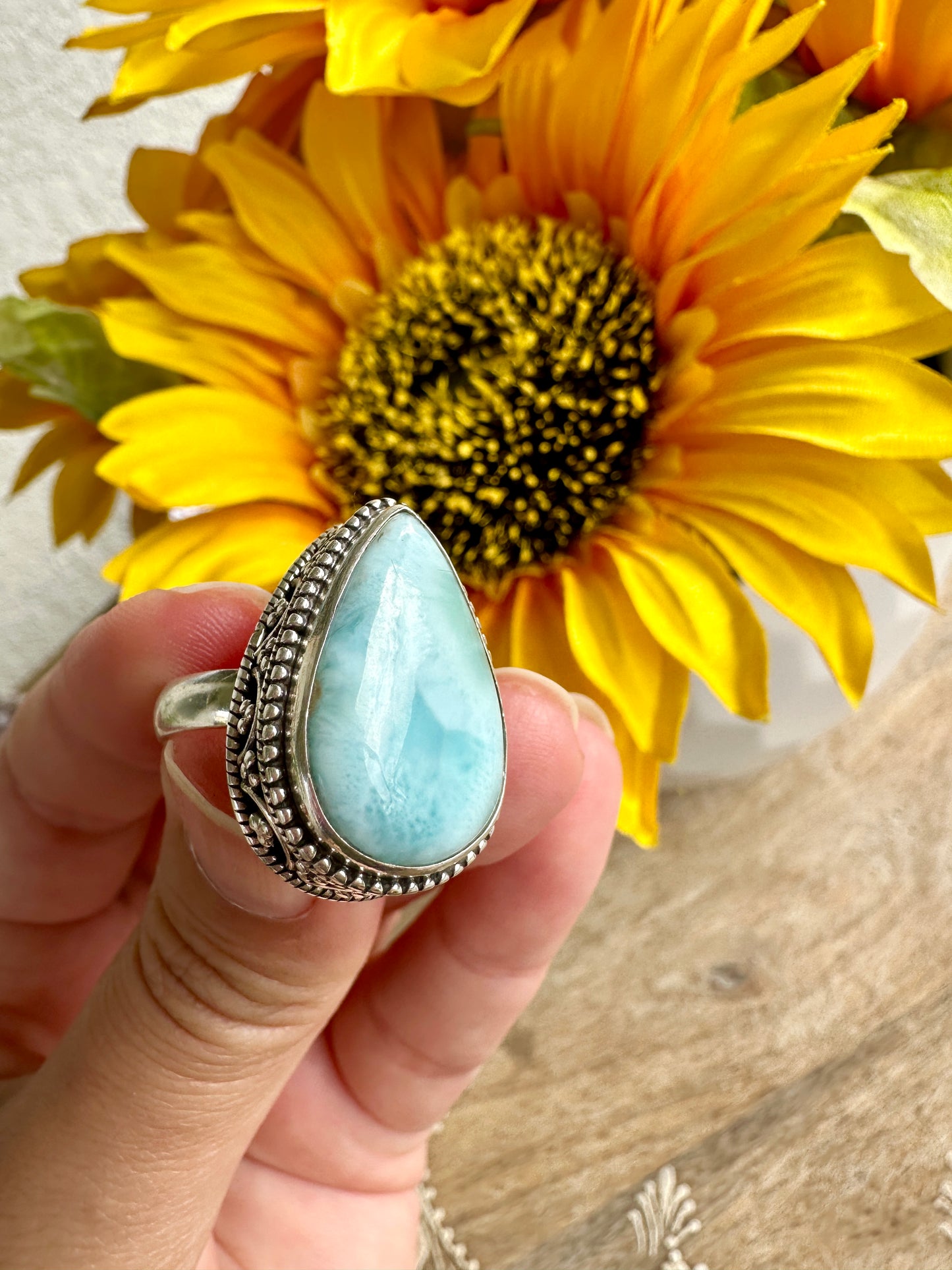 Elegant Larimar Sterling Silver Ring Size 8.25 - Natural Gemstone Ring for Healing, Fashion, and Gift Giving