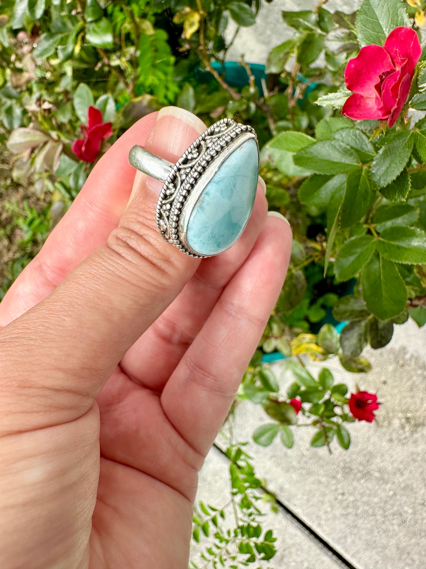 Elegant Larimar Sterling Silver Ring Size 8.25 - Natural Gemstone Ring for Healing, Fashion, and Gift Giving