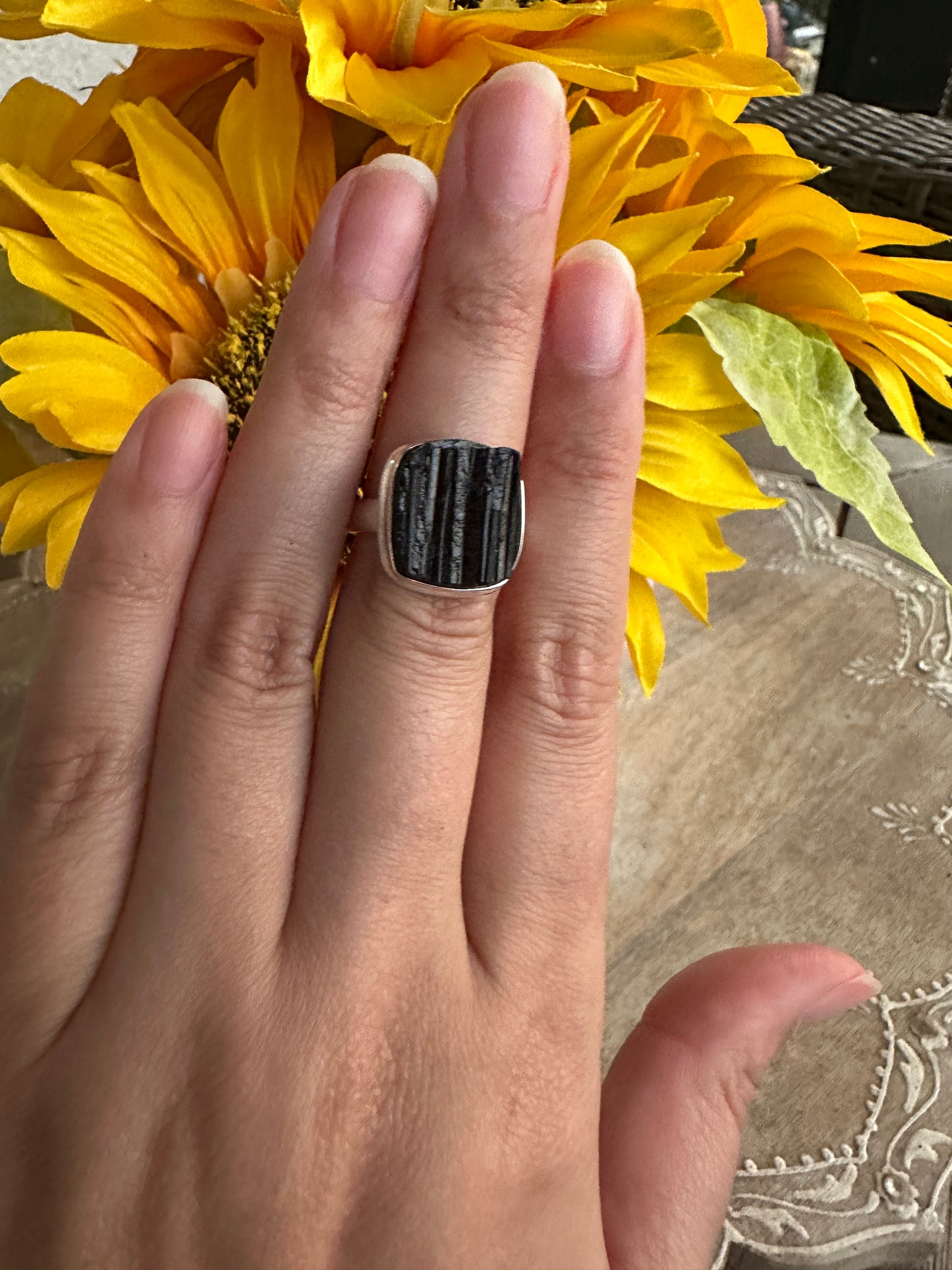 Black Tourmaline Sterling Silver Ring Size 7.5 - Elegant Handcrafted Gemstone Jewelry for Everyday Elegance and Protection