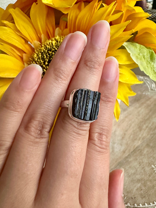 Black Tourmaline Sterling Silver Ring Size 7.5 - Elegant Handcrafted Gemstone Jewelry for Everyday Elegance and Protection